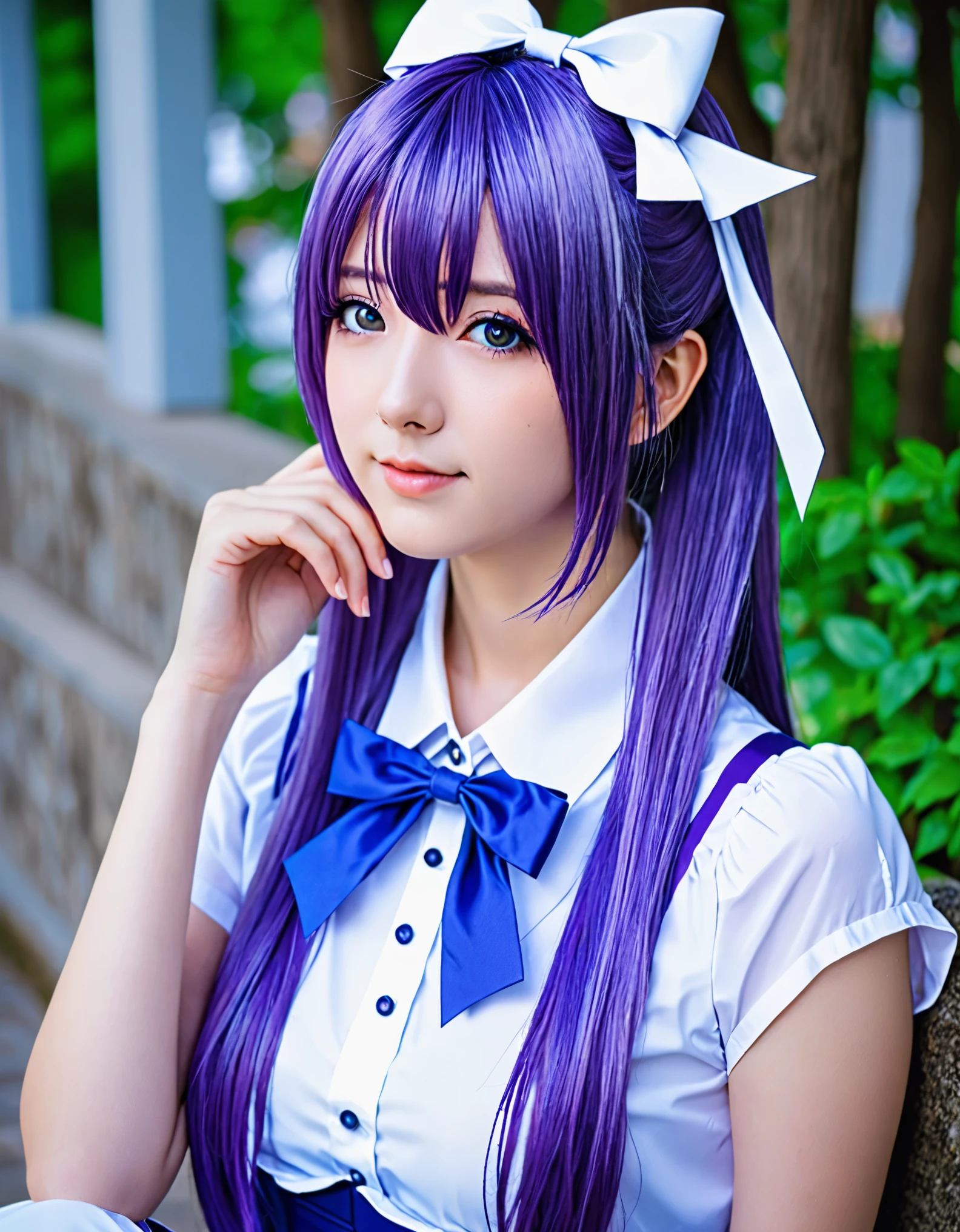 arafed woman with purple hair and a white top and a blue and white bow, anime girl cosplay, anime girl in real life, anime cosplay, she has purple hair, as an anime character, ayaka cosplay, cosplayer, cosplay, beautiful anime high school girl, professional cosplay, attractive anime girl, anime style like fate/stay night, misato katsuragi