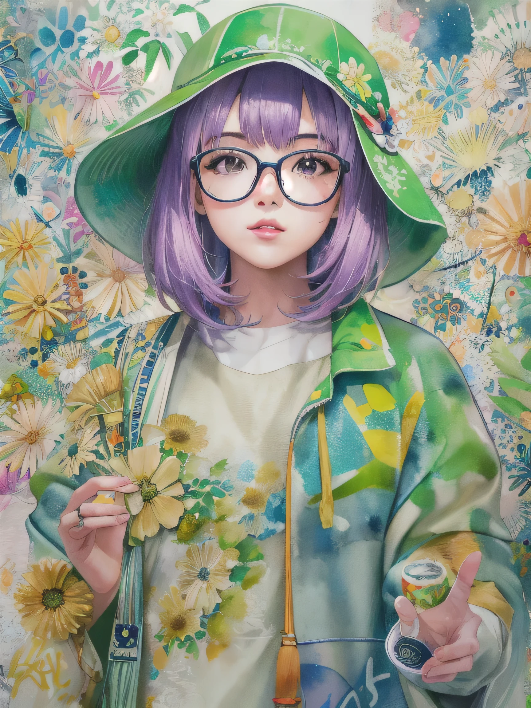8K quality, watercolor painting, stylish design, (((The strongest beautiful girl of all time))), (((Japanese)))、Idol、Yuriko Yoshitaka、clear, stylish glasses, Fashionable hats, (((highest quality))), bob hair, Place your hands on the wall, HDR, ((Detailed details)), stylish fashion, detailed clothing texture, (((graffiti art))), colorful hair, ((masterpiece))、((Super detailed))、colorful flowers