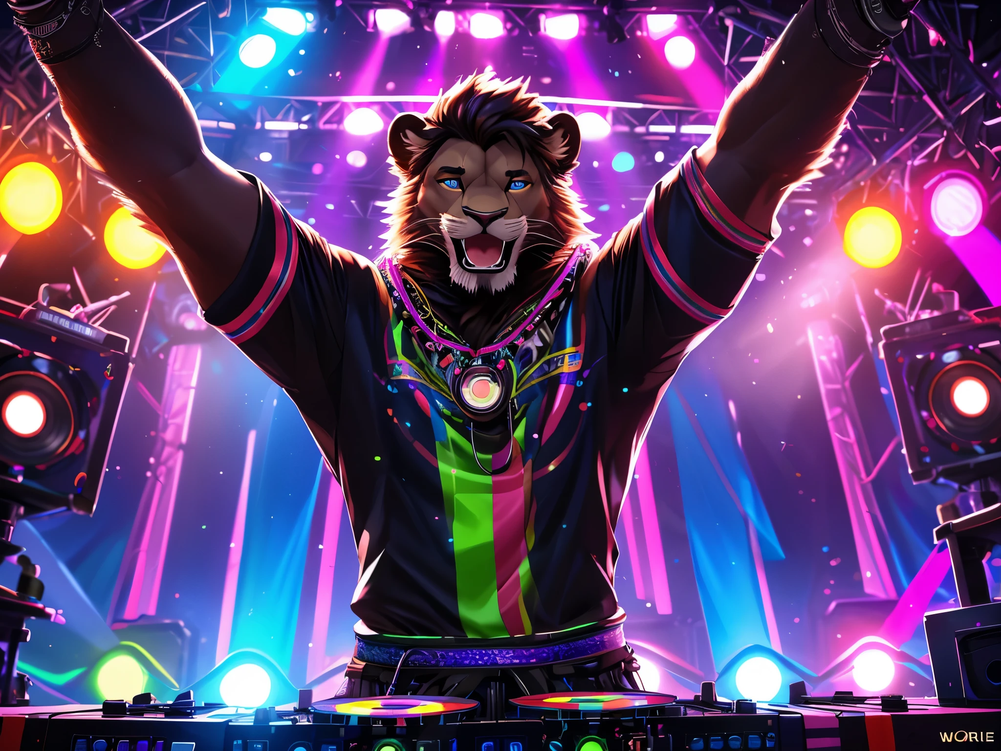 there is a man of a Lion playing a dj at a party, on a very magnificent stage, A man facing the audience, shot Camera from top right, scene from a rave, at a rave, pov furry art, background artwork, peoples rave party, partying at a rave, commission for high res, fursona art, [ Chunie art style ], dj rave party, with blue, red, white, purple and green lights, excited face, enjoying dj Rave party, (Wide Shot: 1:3), (Realistic eyes detail: 1:2), Standing Up, high details, high quality, award winning, HD, 16k, (best quality,4k,8k,highres,masterpiece:1.2),ultra-detailed,realistic:1.37,HDR,UHD,studio lighting,extreme detail description,professional,vivid colors,bokeh,lively atmosphere, natural lighting