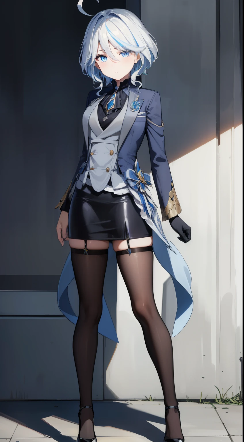 Furin, Furin в полный рост, Blue eyes, blue hair, pappus, Ahoge, hair over one eye, light blue hair, short hair,
break asymmetrical gloves, black gloves, long skirt suit, (((Troika costume))), (((tie))), blazer, (((blazer))), (((vest))), double-breasted vest, fitted skirt with heels, pencil skirt, black heels,
break looking at viewer,
break indoors,
break (Masterpiece:1.2), Best quality, A high resolution, unity 8k wallpaper, (Illustration:0.8), (beautiful detailed eyes:1.6), very detailed face, perfect lighting, Extremely detailed computer graphics, (perfect hands, Ideal Anatomy),