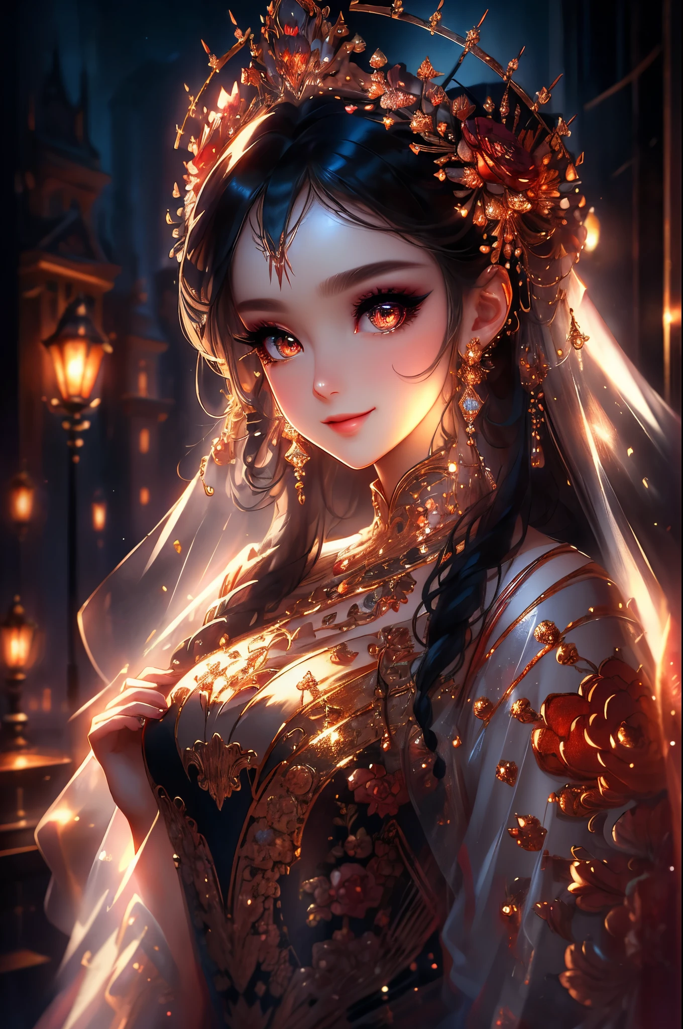 Dazzling Makeup，(masterpiece:1.2), best quality, masterpiece, A high resolution, original, Extremely detailed wallpaper, perfect lighting,(Extremely detailed computer graphics:1.2), Beautiful detailed girl, high detail eyes, Lips, Face, full length portrait, in a chic evening dress, social event, playful smile 