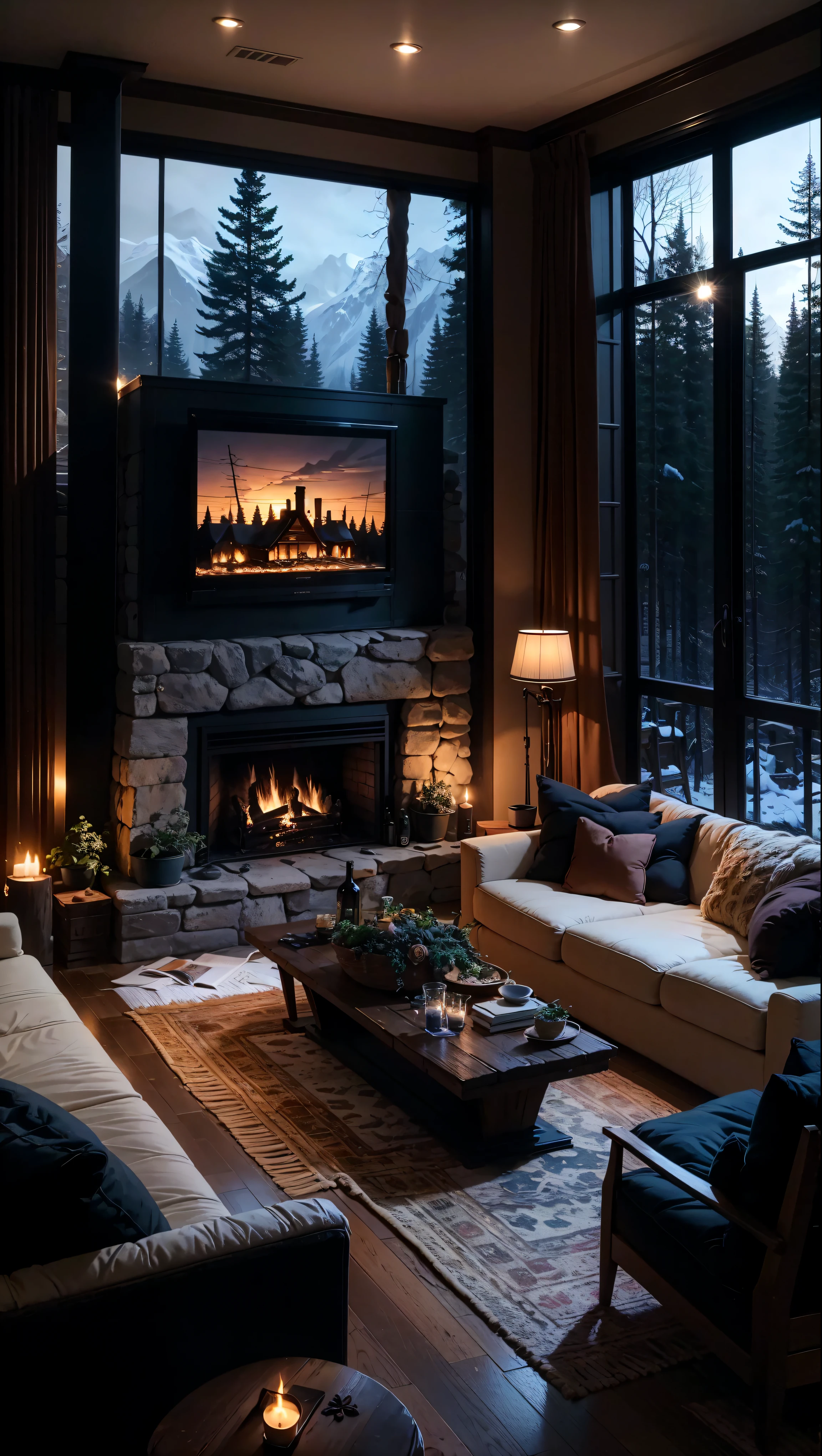 THIS EVENING WOODEN CABIN LIVING ROOM ANIME BACKGROUND, (COZY ATMOSPHERE), (SUBTLE LIGHTING), BRIGHT STONE FIREPLACE FIRE, LIONSKIN RUG THIS EVENING BEST QUALITY, TRANSPARENT GLASS WINDOWS