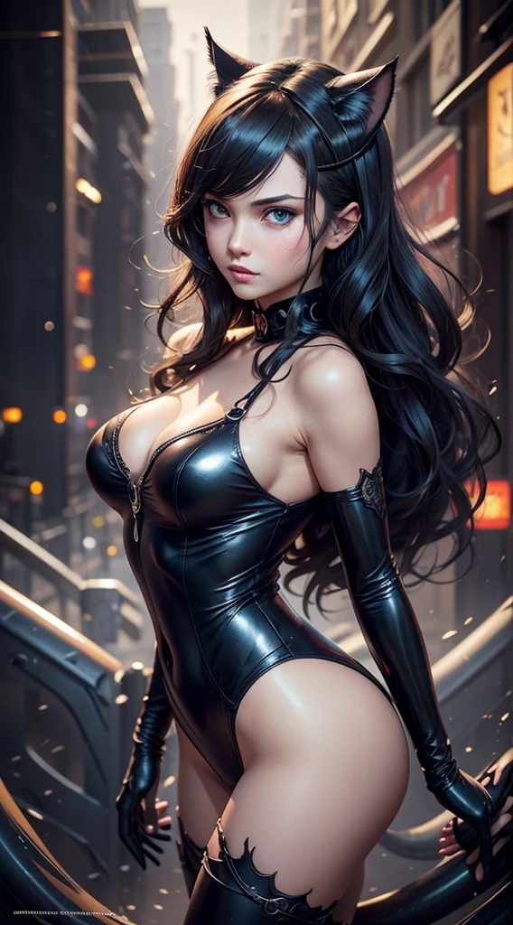 Portrait of Catwoman, anime catgirl, smooth soft skin, Fantastic Big Eyes, beautiful intricate colored hair, Symmetrical, anime wide eyes, Beautiful eyes, Soft lighting, Detailed face, By Makoto Shinkai, Stanley Ateg Liu, Phlegm sputum, phlegm, rossdraws, concept-art, Digital painting, looking at the camera in, 1girll，full bodyesbian，Raised sexy