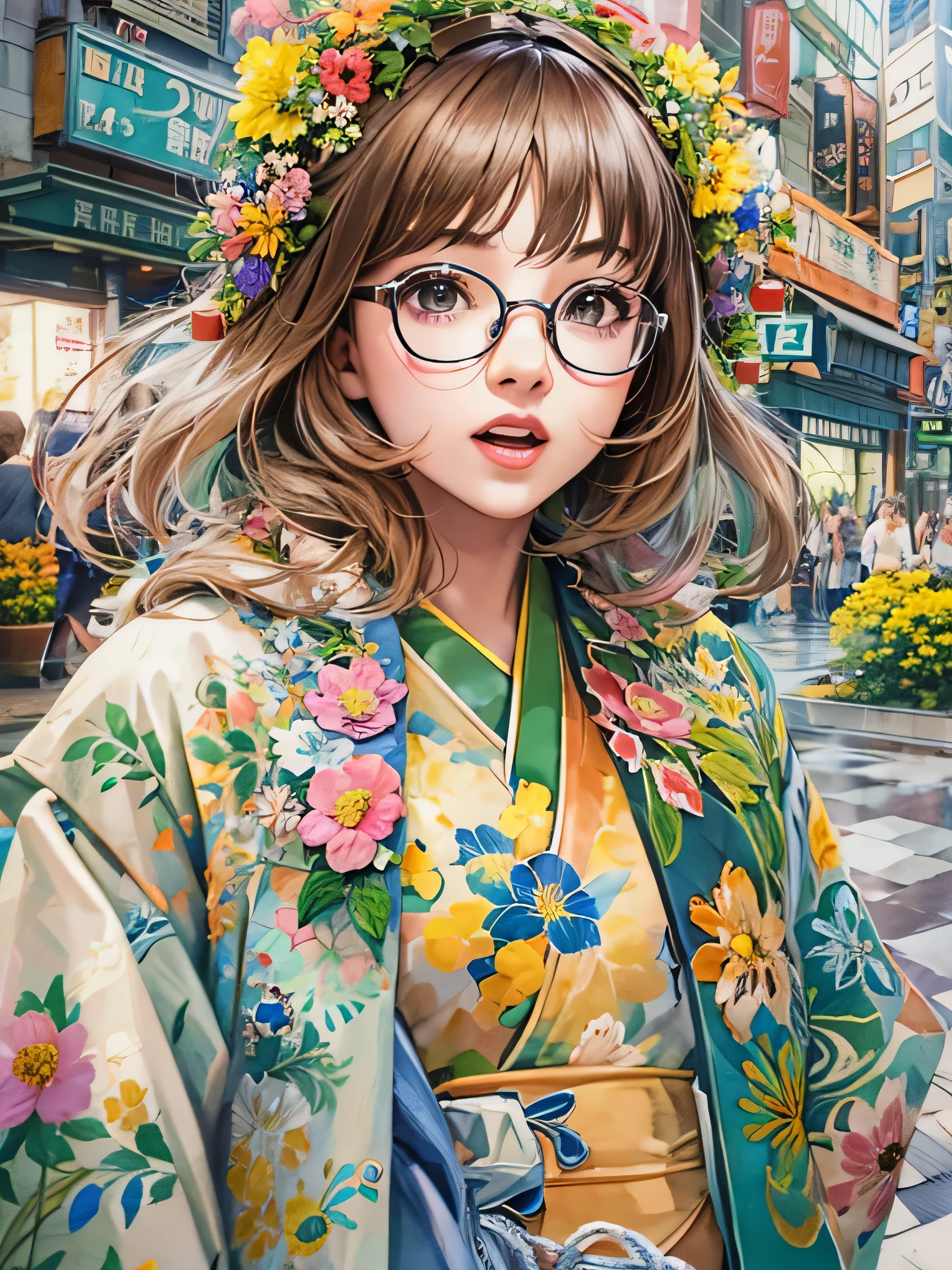 8K quality, watercolor painting, stylish design, (((The strongest beautiful girl of all time))), (((Japanese)))、Idol、AKB48、stylish glasses, Fashionable hats, (((highest quality))), bob hair, HDR, ((Detailed details)), stylish fashion, detailed clothing texture, (((spring street corner))), colorful hair, ((masterpiece))、((Super detailed))、colorful flowers、spring street corner