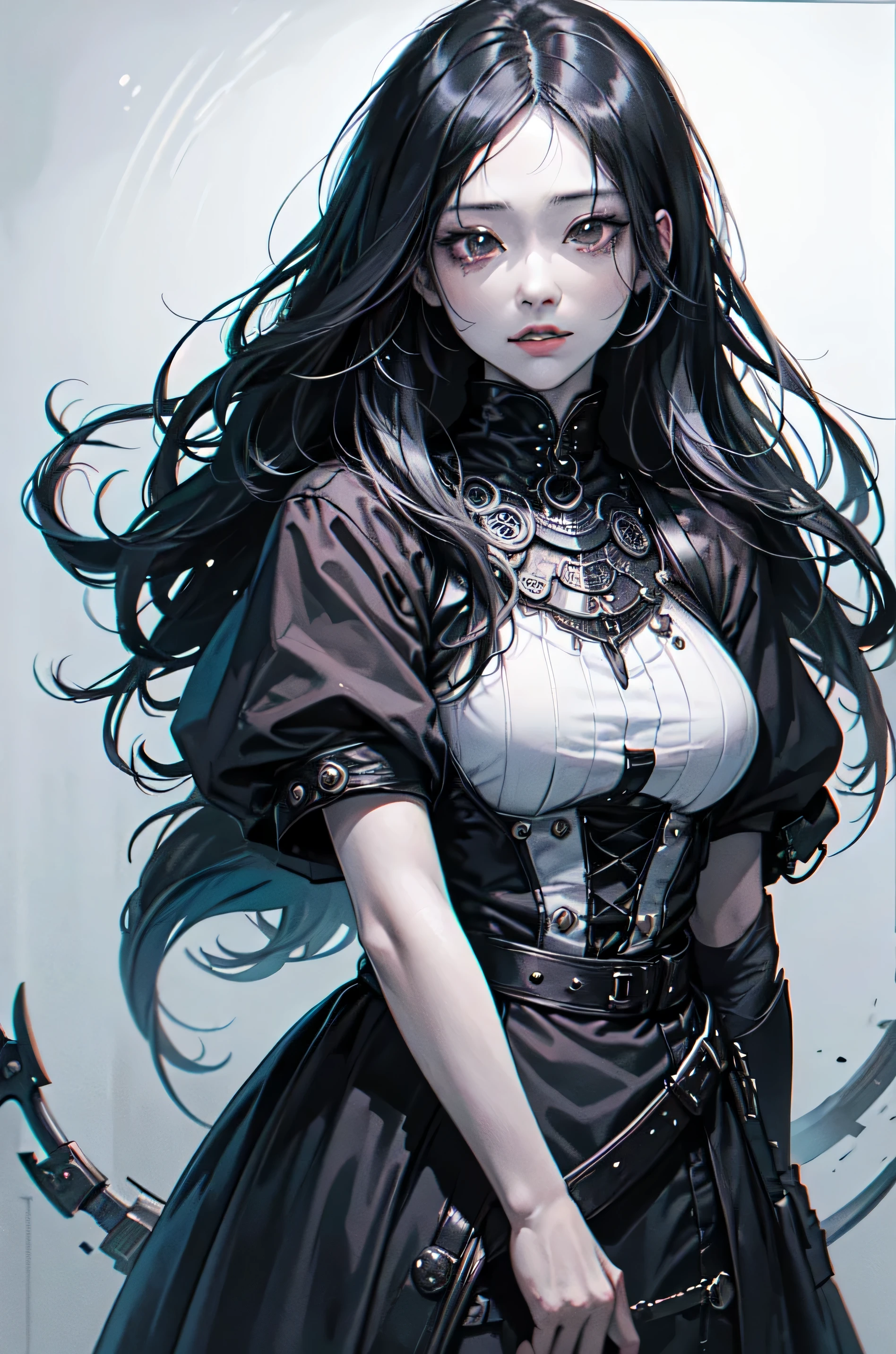 a woman with long black hair, black background, poker face, chest injection, Upper body close-up, rough expressive lines, expressive lines, Dark line, dense lines, Intense line work, masterpiece, best quality, Ultra-fine, extremely delicate and beautiful, comics, black and white comics, black and white line drawing, Inspired by Junji Ito, Junji Ito's artistic style, Hand Painted, Character focus, extremely fine, author:Kim Jong-ki