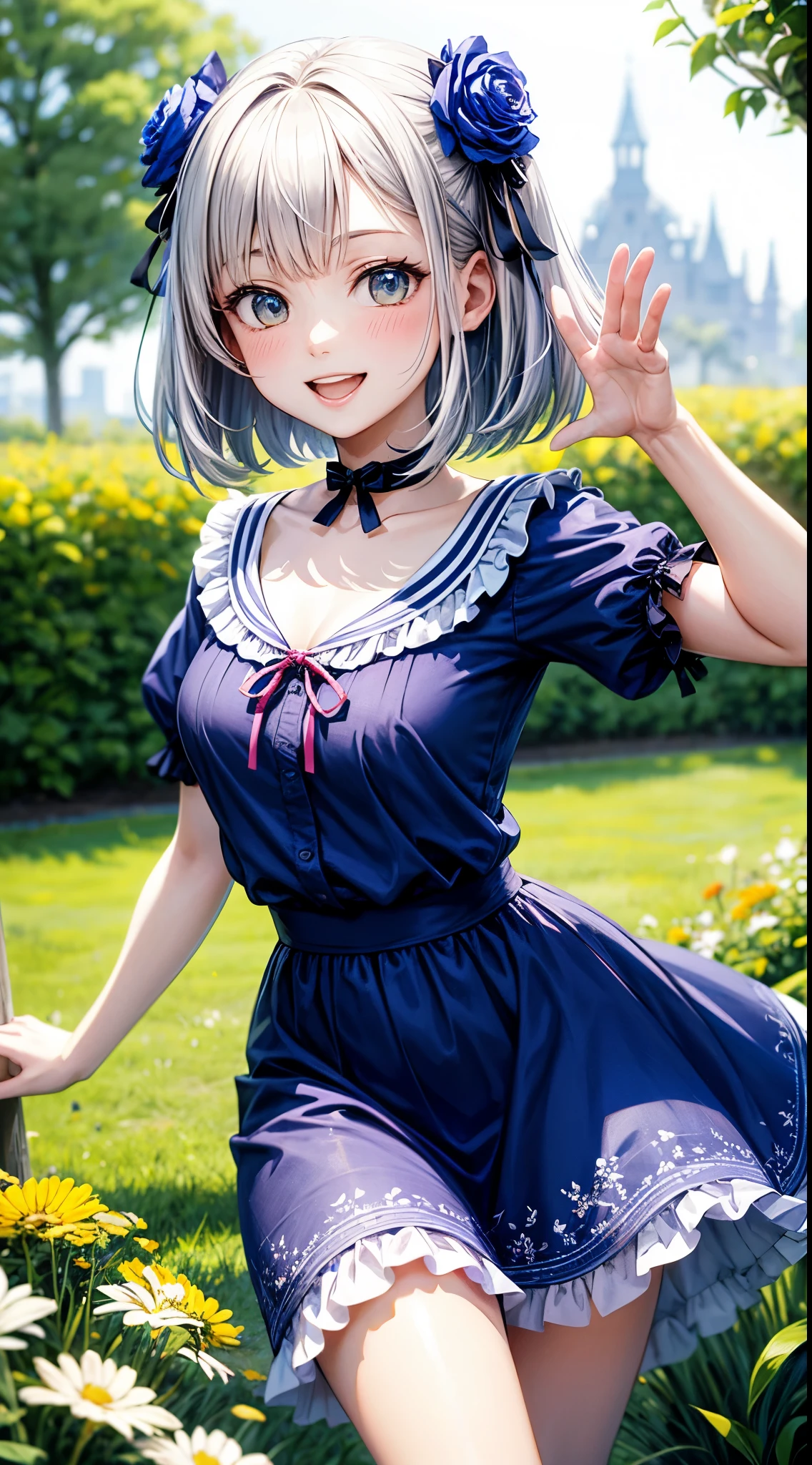 A girl anime in garden, the girl have blue dress and silver short hair, nobles , cute girl, smiling,  Blue floral ribbon, hands pose