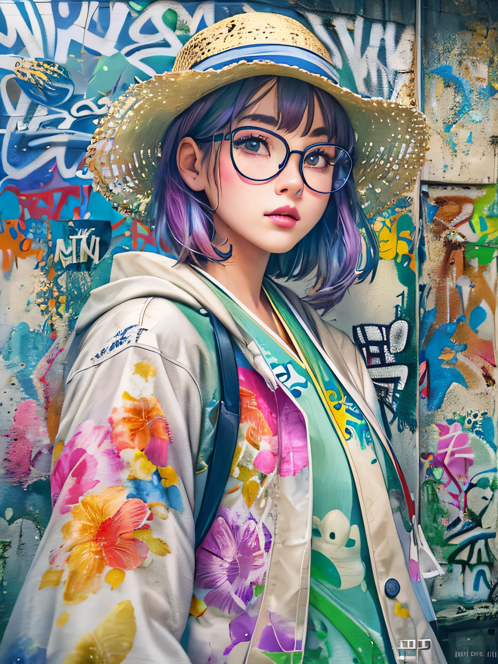 8K quality, watercolor painting, stylish design, (((The strongest beautiful girl of all time))), (((Japanese)))、Idol、clear, stylish glasses, Fashionable hats, (((highest quality))), bob hair, Place your hands on the wall, HDR, ((Detailed details)), stylish fashion, detailed clothing texture, (((graffiti art))), colorful hair, ((masterpiece))、((Super detailed))、colorful flowers、scent of spring
