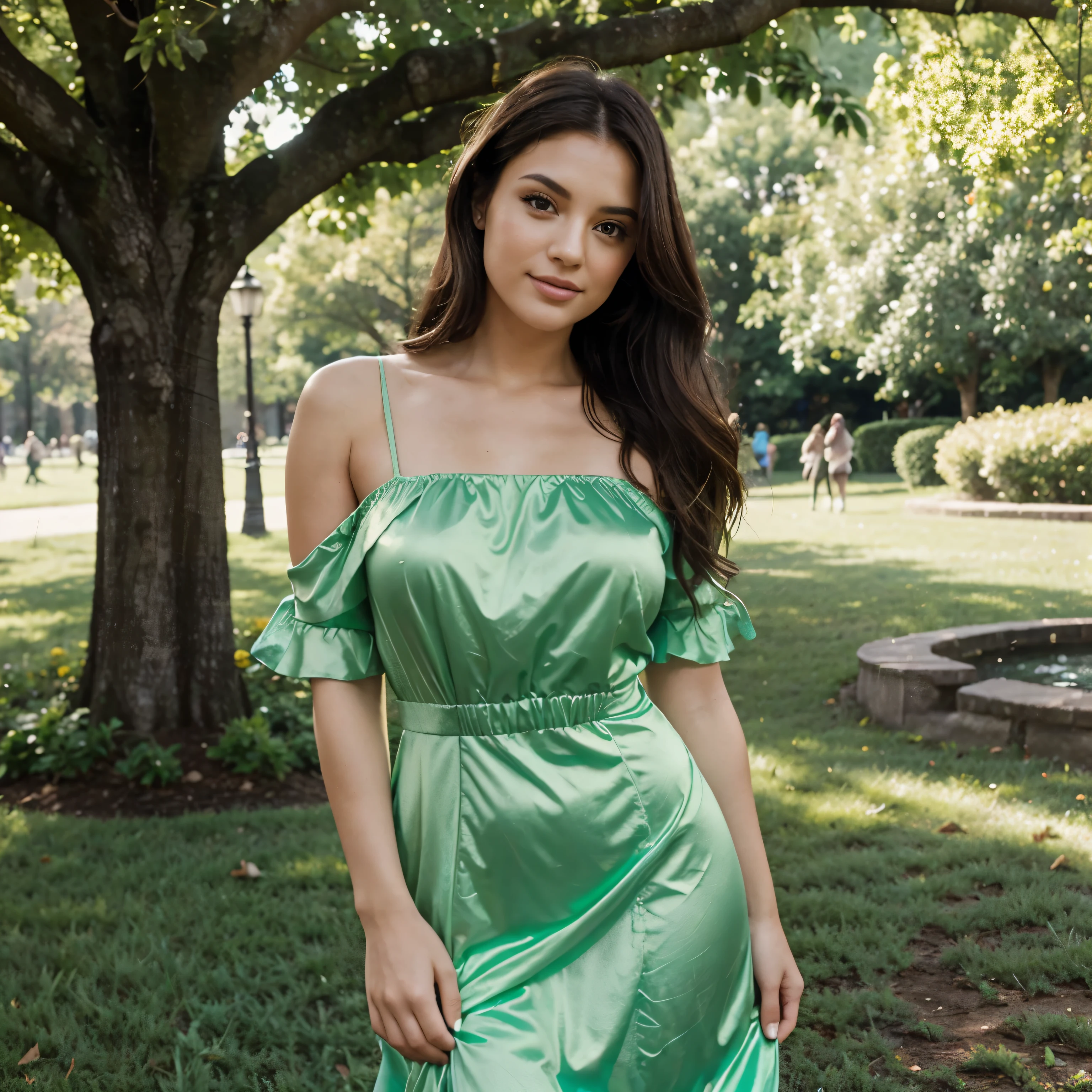 A woman with beautiful brunette hair, around 21 years old, stands in a vibrant park wearing a sexy Saint Patrick's Day dress. She has alluring brown eyes that captivate attention and full, luscious lips that look incredibly enticing. The dress she wears is form-fitting and stylish, showing off her alluring figure. The park around her is filled with lush greenery, colorful flowers, and tall trees that provide a peaceful and serene backdrop. The atmosphere is lively yet tranquil, creating the perfect setting for a memorable day outdoors. The woman's confident and alluring expression suggests that she is enjoying herself and embracing the joy of the festive occasion. The lighting in the scene is soft and natural, casting a warm glow upon her, enhancing her beauty further. The colors in the image are vivid and vibrant, reflecting the lively spirit of Saint Patrick's Day. The image should be of the best quality, with sharp focus and ultra-detailed elements that bring the woman and the surrounding park to life. The overall style of the image should be realistic and photorealistic, capturing the essence of the scene and conveying a sense of authenticity.