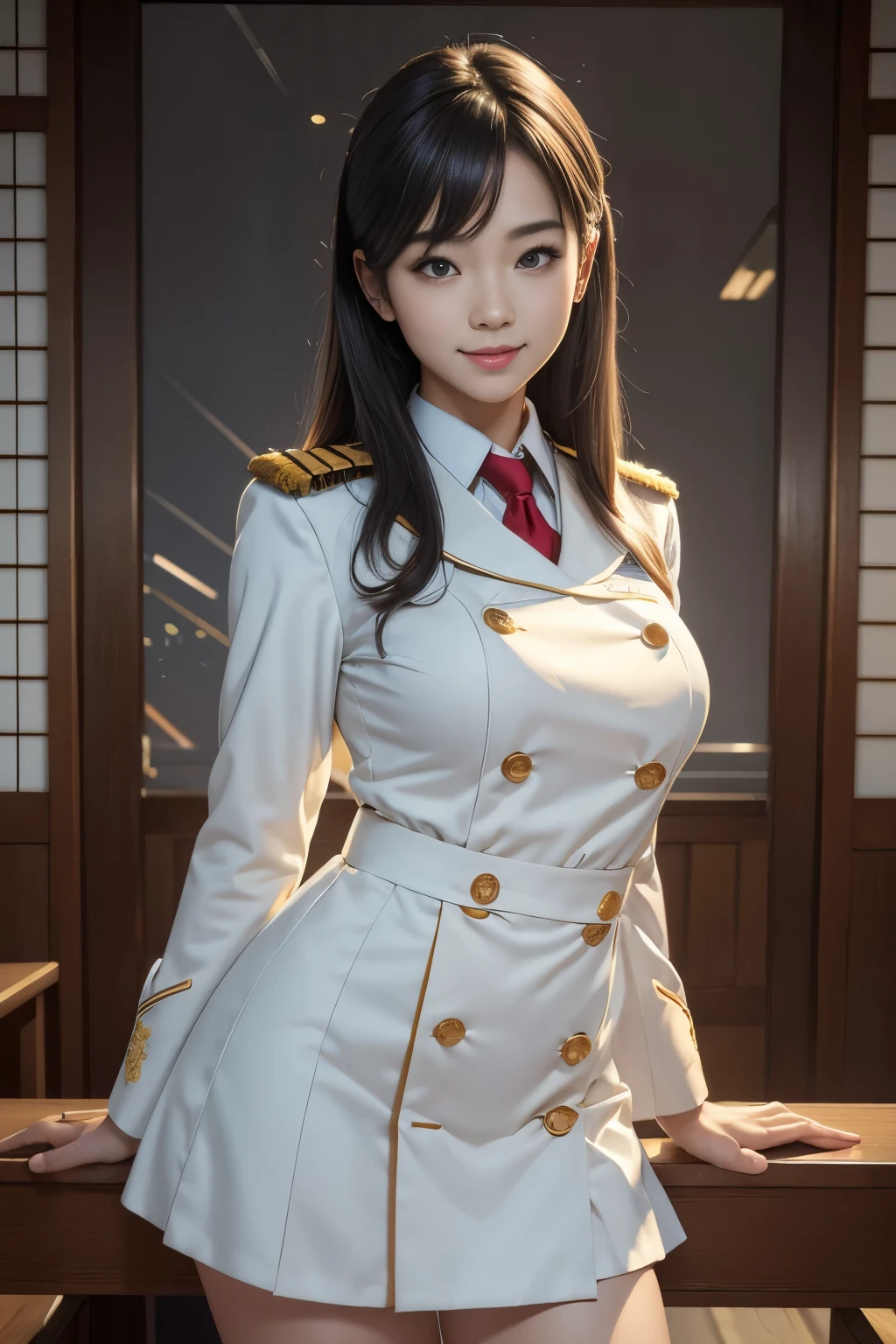 (highest quality, masterpiece, ultra high resolution, 8K,Raw photo, Super high quality), (surreal: 1.4), original photo, 1 girl,japanese girl, mature, White JK Uniform,Beauty in uniform, movie lighting, clear eyes, golden ratio body, beautiful breasts, (look at camera,smile shyly),