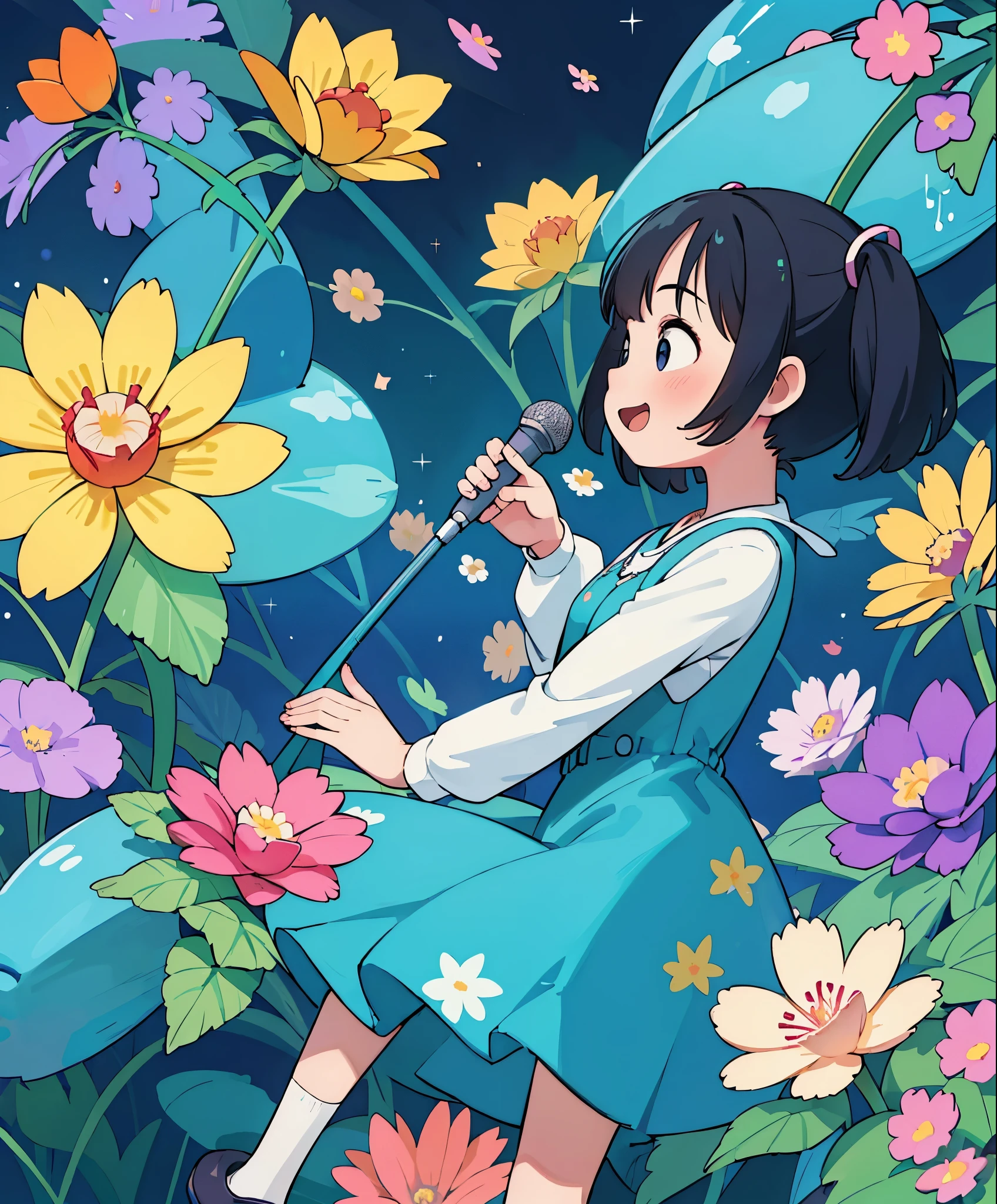 (masterpiece、highest quality、highest quality、official art、beautiful beautiful:1.2)、(1 girl:1.3)Hatsune Miku、twin tails,big breasts,very detailed,(fractal art:1.1),(colorful:1.1)(flowers:1.3)、 (dynamic pose), (abstract background:1.3)、(lots of colors:1.4)、Place one small doll on the circular stand、cute pose、laughter、black haired、Chibi Doll、stars in the eyes(about)、While singing with a microphone in hand、eye up、smile、Cute red shoes、Super detailed, shining light、bioluminescence、Stronger bokeh effect、shot from the side