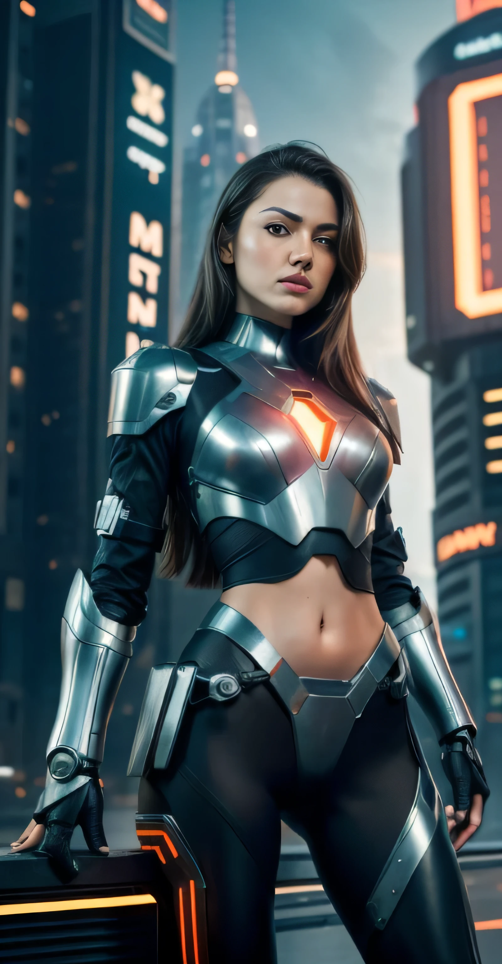((masterpiece, 8K, 3D, Realistic, Super Detail)), (1girl:1.3), slender , Ultra Micro photography, Super realistic, Perfect face, Beautiful features, ((Perfect female body)) Beautiful features, ( body), ((small hip)), Melissa Benoist as (((2 piece Armors))), Sci-fi futuristic cyberpunk ((bionic orange chest metal armor suit)), Futuristic soldier, ((Exposed thigh)), Exposed Skin, Front Full body Shot, full body portrait, futuristic city background