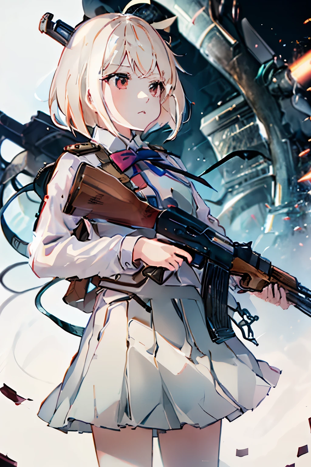 masterpiece, highest quality, High resolution, Very detailed CG, 1 girl, Chisato Nishikigi,platinum blonde,medium hair,red eyes,seriously,school uniform, holding a gun, AK 47, AKM, Assault rifle, kalashnikov rifle, (aim:1.2), put one&#39;s finger on the trigger,