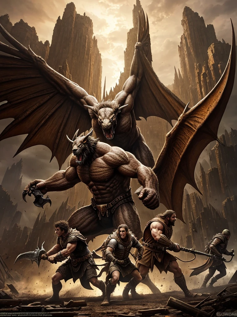 monster giants,supernatural,mythology,gigantic creatures,fantasy world,massive size,enormous strength,wild and untamed,terrifying presence,intimidating roar,dangerous and destructive,lurking in the dark,ancient legends and tales,epic battles,humanoid,monstrous appearance,muscular bodies,fierce expressions,sharp fangs and claws,grown-up versions of fairy tales creatures,mythical powers,massive footsteps shaking the ground,monstrous appetite,storming through cities and landscapes,devastation and chaos,heroes standing up against them,fear and awe in people's eyes,desperate struggle for survival,magical artifacts and spells,one last hope,ultimate showdown between good and evil,climactic climax,ending with a ray of hope,breathtaking visual spectacle,grandeur and scale,thrilling and epic,dark and atmospheric,immersive and captivating. (best quality,4k,8k,highres,masterpiece:1.2),ultra-detailed,(realistic,photorealistic,photo-realistic:1.37),HDR,UHD,studio lighting,sharp focus,physically-based rendering,extreme detail description,professional,vivid colors,bokeh,portraits,landscape,concept artists,warm and earthy tones,dramatic lighting and shadows.