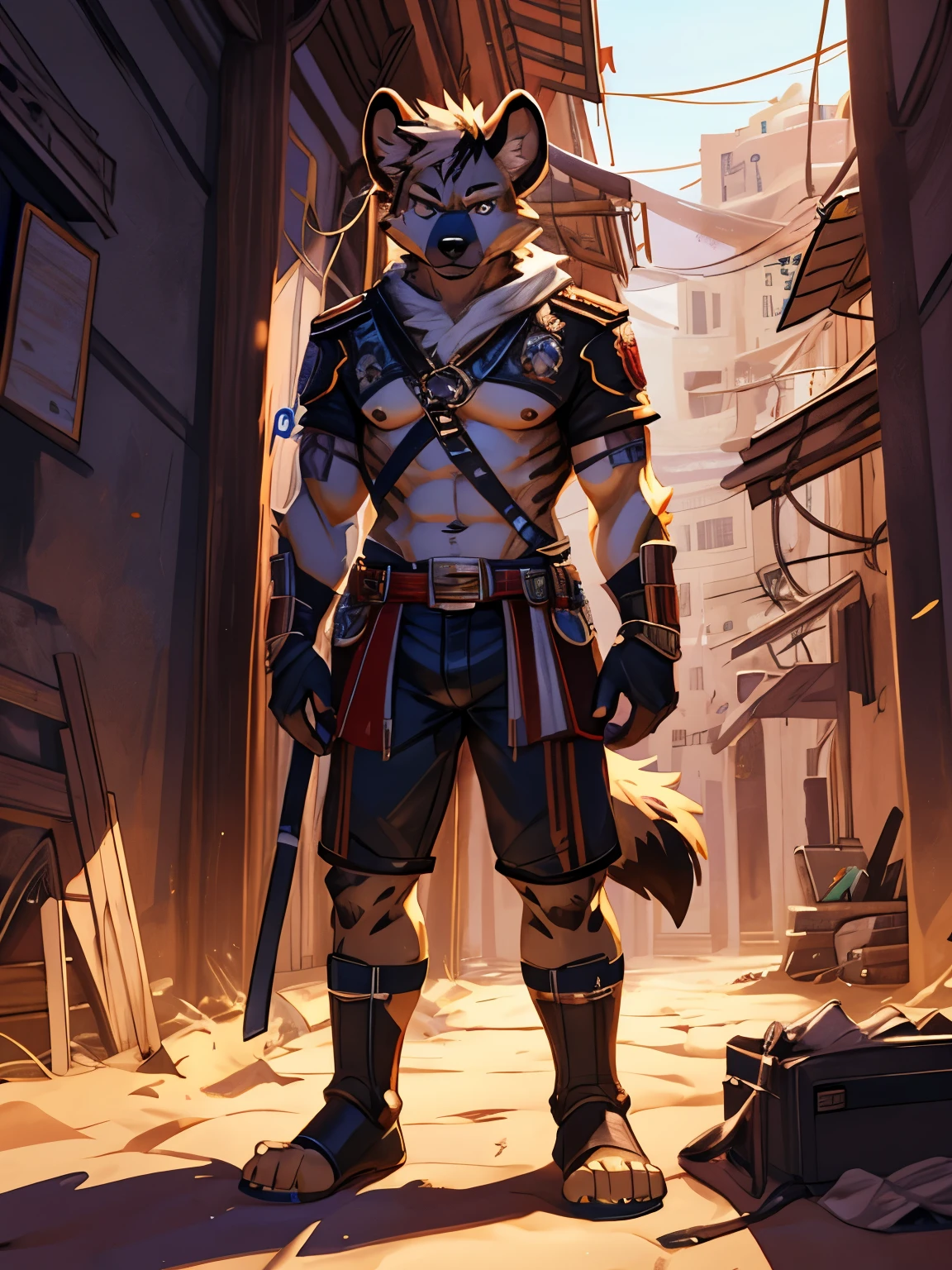 hairy,alone,hyena,whole body,Lean,weak,Lean,juvenile,desert soldier',looking directly at the viewer,coma,coma,naked body,Lean,Tortured,shorts