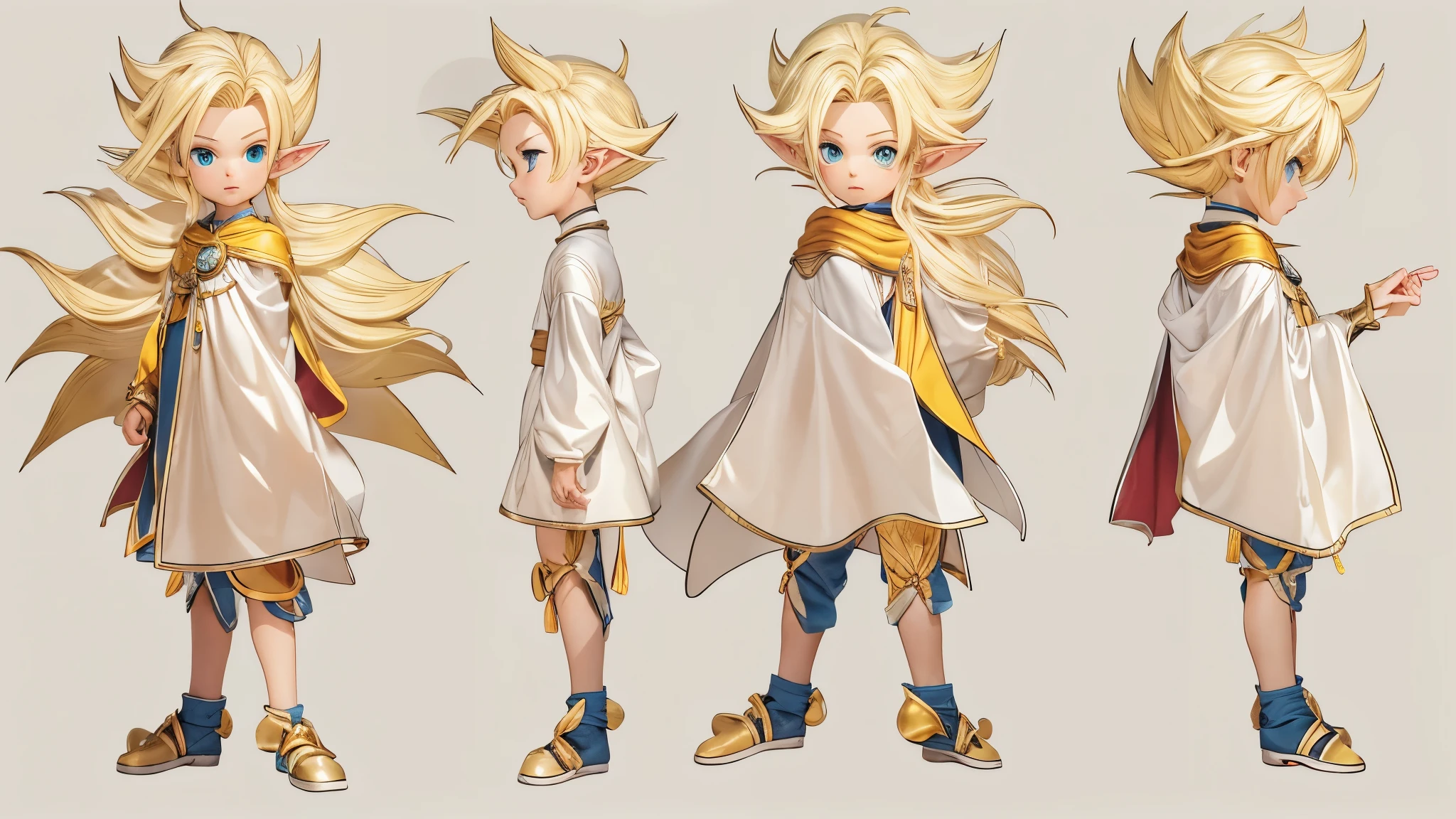 (master piece), 8k, best quality, elf boy, naive, male, teenager, 14 years old, 1.70 meters tall, white skin, thin body, pointed elf ears, beautiful finely detailed silver eyes, high forehead, spiky yellow blonde hair like Gohan from the anime dragon ball (super sayajin), Incredibly handsome, conservative elven outfit, a little nervous with fear, being questioned,