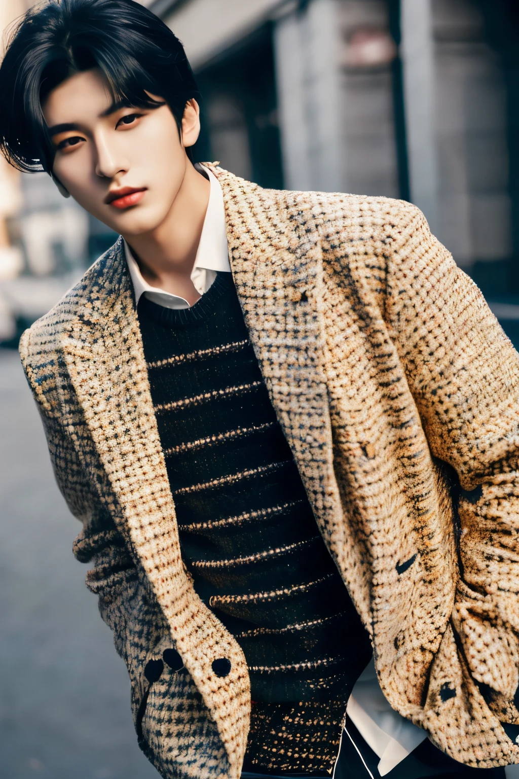 (8k, highest quality, masterpiece, ultra high resolution:1.2),1 Korean Boy,20-year-old、black hair、Chi Zun Chun、street fashion、Handsome guy、super handsome、GUCCI、Down jacket、model