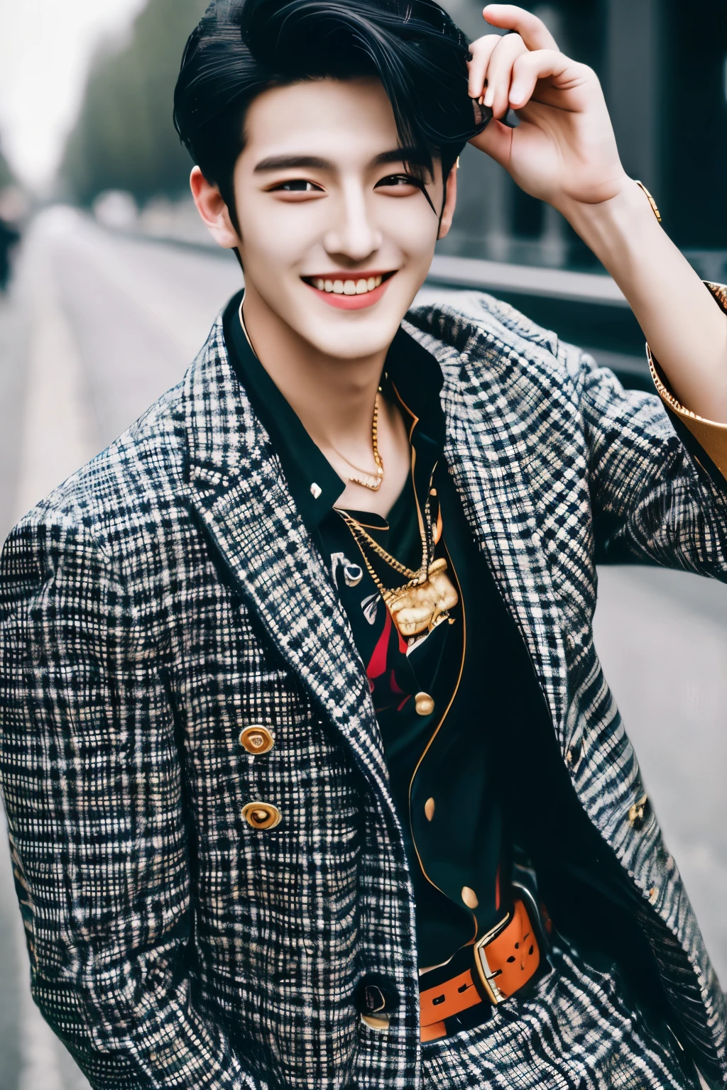 (8k, highest quality, masterpiece, ultra high resolution:1.2),1 Korean Boy,20-year-old、black hair、street fashion、Handsome guy、super handsome、GUCCI、Jacket、model、smile