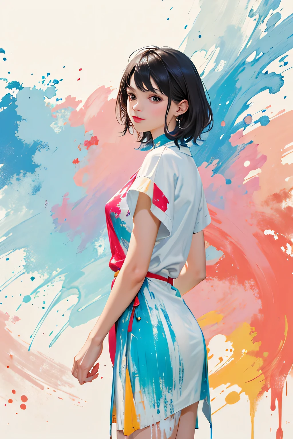 1woman wearing trendy clothes, in an abstract oil painting style, fashion show, The painting is ultra-high detailed and has a resolution of 8k, showcasing the best quality and craftsmanship. The background is colorful, with a touch of fog and smoky, creating a mysterious atmosphere.the city that never sleeps、oilcolor Touch,(a woman:1.2), , luminous design, vivit colours,spring lights,Artistic,azure, red