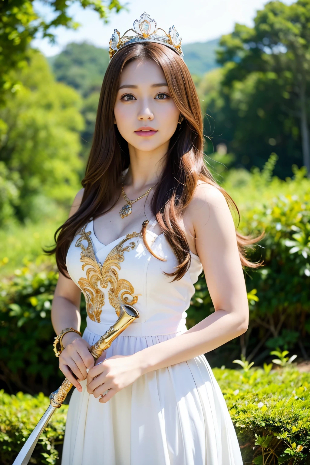 (masutepiece), Professional , ​masterpiece、top-quality、photos realistic , depth of fields （Gemstone Silver Metal Body:1.９),(Matte White、 Gold Weapon_（Metal:1.４),Gorgeous metal weapons , Detailed Sword of the Brave , Beautiful knife   ,warhammer 40k , adepta sororitas,Detail and ornate jewel crown、Brown hair、Gangle's forest background、Beautiful Caucasian beauty、１a person、dynamic ungle,(((Detailed and ornate diamond crown)))、Particles of light、