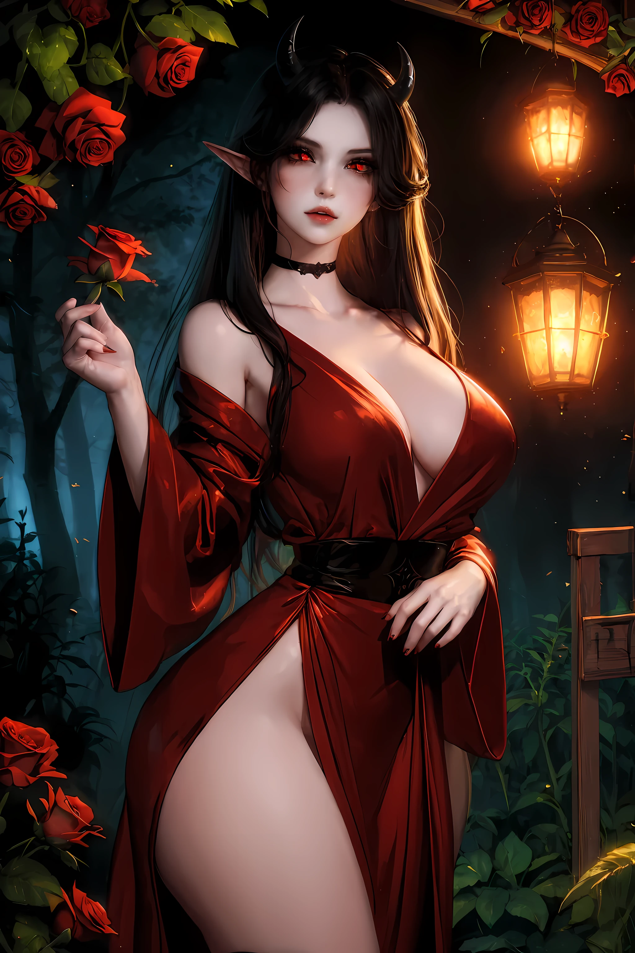 (8k,high resolution,masterpiece:1.2),actual,photo-actual:1.37,devil girl,red corner,beautiful and delicate eyes,beautiful and delicate lips,Extremely detailed eyes and face,long eyelashes,Sexy long black hair,fiery red eyes,Wearing a dark flowing robe,Floating in a misty forest under the moonlight,Red eyes penetrate the darkness,The soft and ethereal light reflects her graceful figure,Subtle shadows dance around her,Red rose surrounded by thorny vines,A sinister yet fascinating presence..,Depicted with dark and dramatic chiaroscuro lighting,Create an unforgettable and charming atmosphere,A clever fusion of traditional oil painting and digital art,evoke a sense of mystery and,Perfectly capturing the beauty and darkness of the enchantress,lace