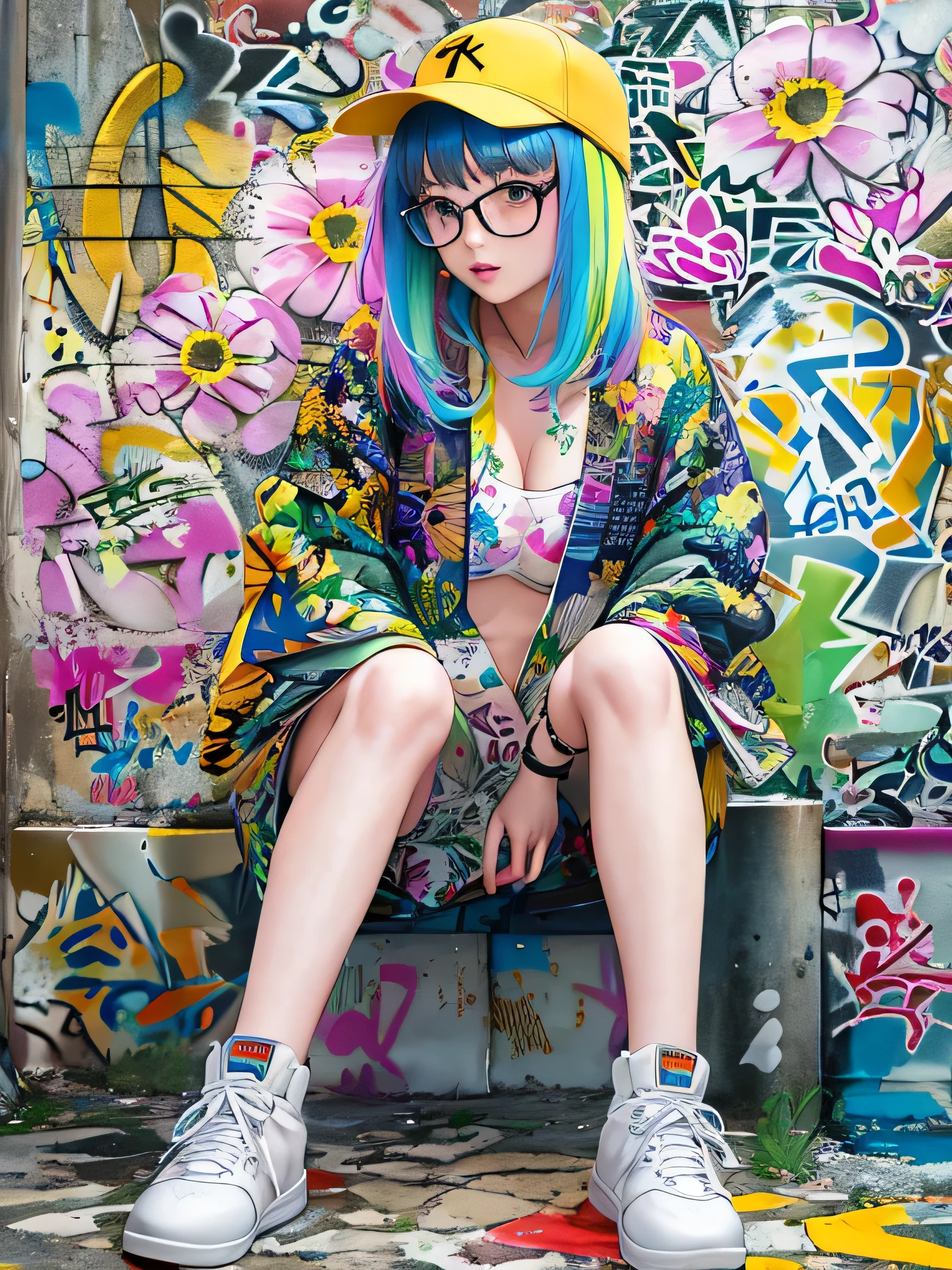 8K quality, watercolor painting, stylish design, (((The strongest beautiful girl of all time))), (((Japanese)))、Idol、clear, stylish glasses, Fashionable hats, (((highest quality))), bob hair, put your hand on the wall, HDR, ((Detailed details)), stylish fashion, detailed clothing texture, (((graffiti art))), colorful hair, ((masterpiece))、((Super detailed))、colorful flowers、scent of spring、Navel exposure