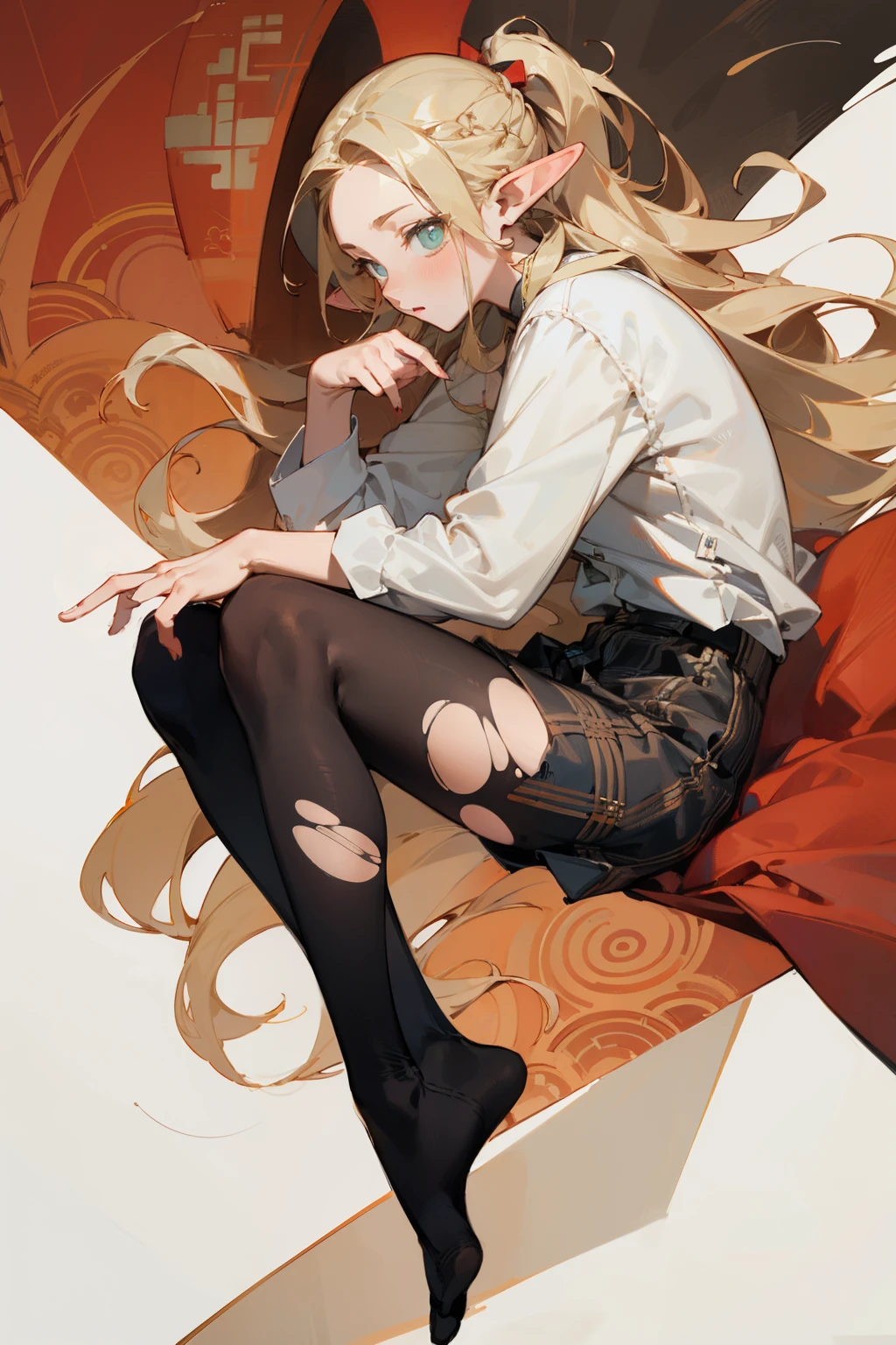 (masterpiece, best quality) detailed, Wearing black tights, silver accessories , blonde ,elegant, pointed ears ,Chinese element pattern,White shirt,Plaid skirt,torn clothes