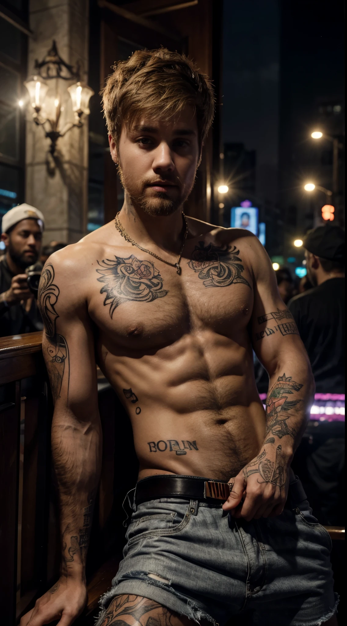 (best quality,highres),Justin Bieber wearing clotes,beard:1.1,ultra-detailed,arm tattoos,vivid colors,dim lighting