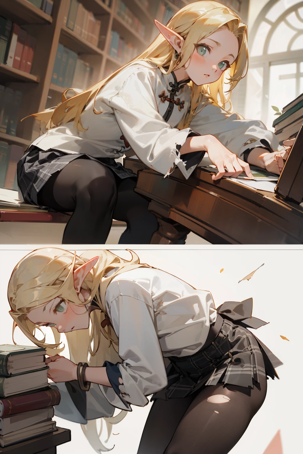 (masterpiece, best quality) detailed, Wearing black tights, silver accessories , blonde ,elegant, pointed ears ,Chinese element pattern,White shirt,Plaid skirt,torn clothes,library