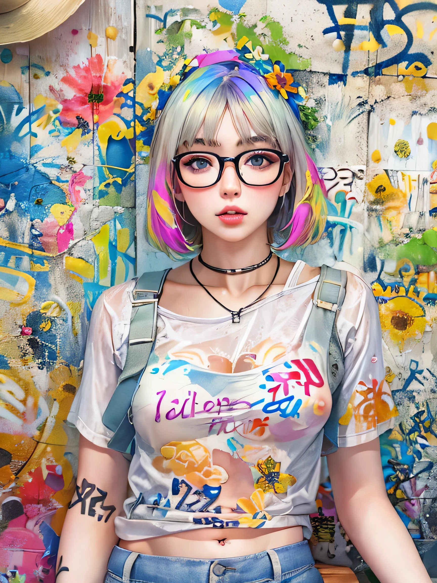 8K quality, watercolor painting, stylish design, (((The strongest beautiful girl of all time))), (((Japanese)))、Idol、clear, stylish glasses, Fashionable hats, (((highest quality))), bob hair, Place your hands on the wall, HDR, ((Detailed details)), stylish fashion, detailed clothing texture, (((graffiti art))), colorful hair, ((masterpiece))、((Super detailed))、colorful flowers、scent of spring、Navel exposure、I can see the nipples、sit on a bench