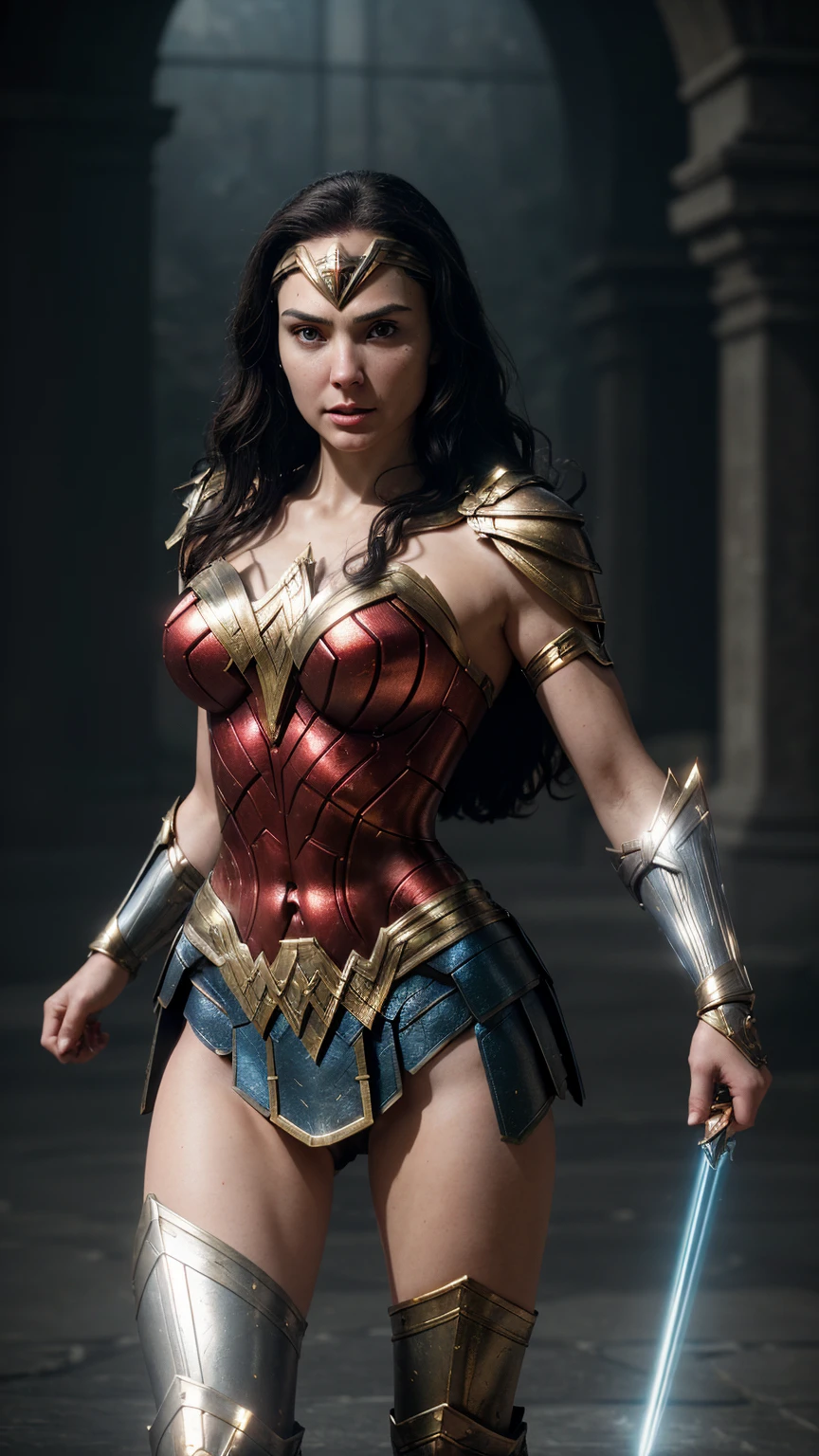 Wonder Woman, wearing magnificent armor, glowing with divine power, intricate patterns, precious gems, shining helmet, ornate greaves, cinematic, hyperrealistic, octane render, artstation, trending on artstation, concept art, 8k, unreal engine 5, photorealistic, ray tracing, detailed face, sharp focus, cinematic lighting, dynamic pose, action shot, fighting pose, golden ratio, rule of thirds, perfect composition, award winning, masterpiece.