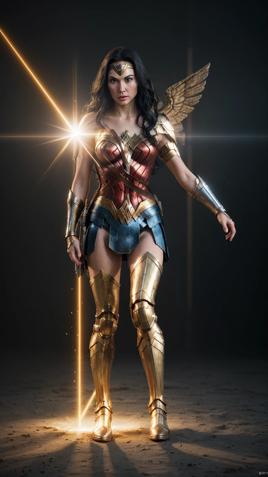 Wonder Woman, wearing Super God Golden Armor, woven from divine golden light, sun-like radiance, burning enemies, holy energy, shining halo, rune-engraved greaves, burning eyes, cinematic, hyperrealistic, octane render, artstation, trending on artstation, concept art, 8k, unreal engine 5, photorealistic, ray tracing, detailed face, sharp focus, cinematic lighting, dynamic pose, action shot, fighting pose, golden ratio, rule of thirds, perfect composition, award winning, masterpiece.
