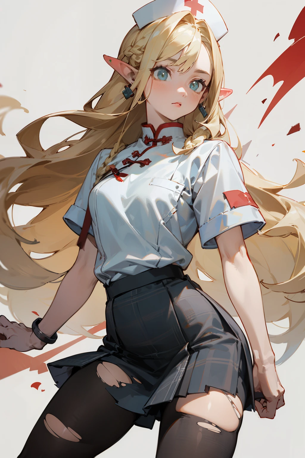 (masterpiece, best quality) detailed, Wearing black tights, silver accessories , blonde ,elegant, pointed ears ,Chinese element pattern,White shirt,Plaid skirt,torn clothes,Nurse