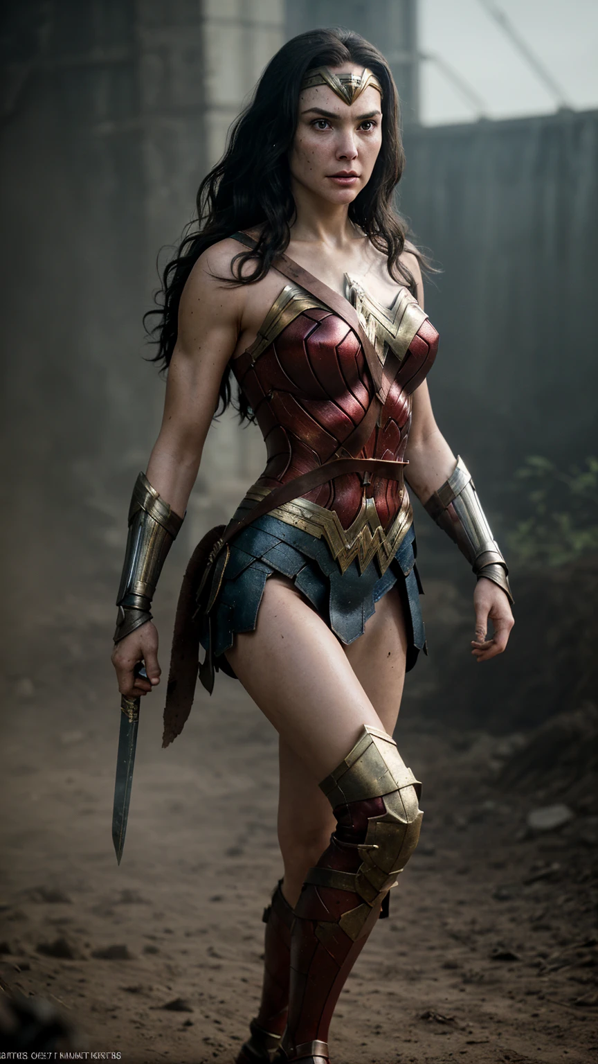 Wonder Woman, wearing battle-worn armor, scratches, dents, holes, blood and dirt, determined expression, cinematic, hyperrealistic, octane render, artstation, trending on artstation, concept art, 8k, unreal engine 5, photorealistic, ray tracing, detailed face, sharp focus, cinematic lighting, dynamic pose, action shot, fighting pose, golden ratio, rule of thirds, perfect composition, award winning, masterpiece.
