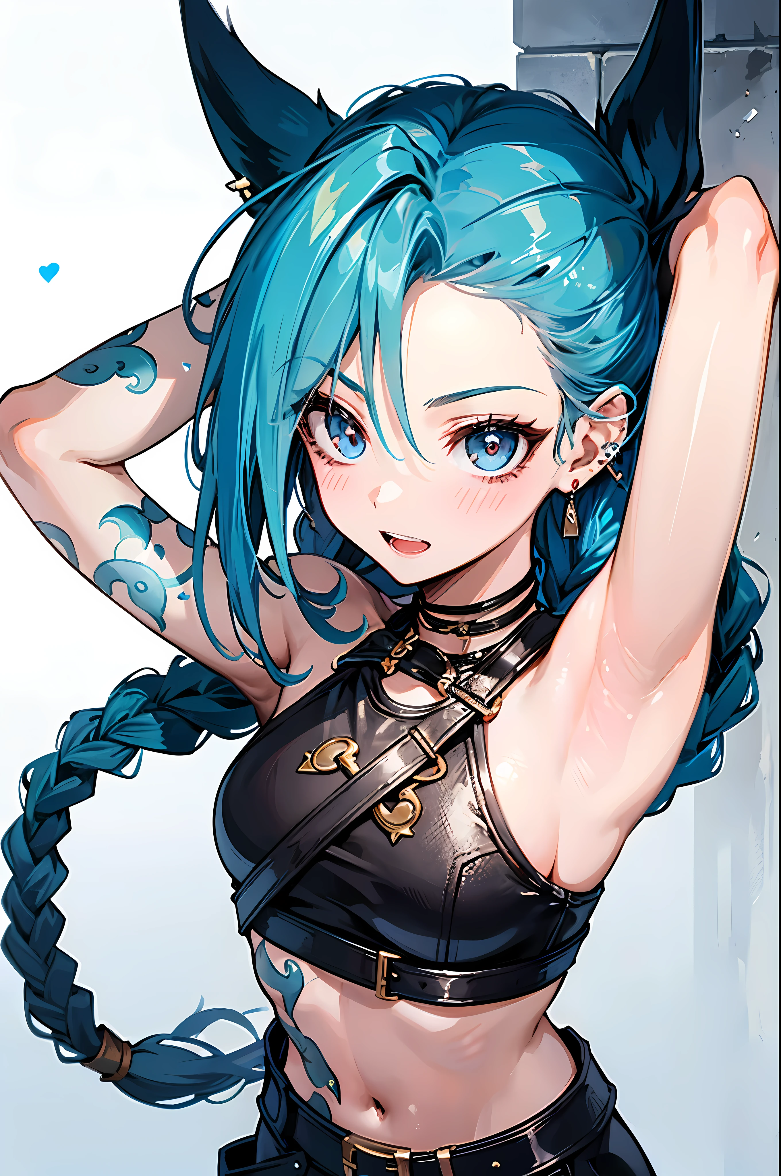 jinx \(league of legends\), 1girl huge big tits,pixar style, 얼굴this 빨갛다,shy,alone, give, 트윈 브레this드, long hair, Surprised eyes,Tattoo, piercing, Leather belt, bijouterie, 귀걸this, (Wide-open eyes:0.9),View viewer, arm Tattooedieval castle background:1.1), blue hair, blush, laugh, V-Arm, 목걸this, crop top, small breasts, green hair, shoulder Tattoo, this, dehisce, alternate costume, diaphragm, pants, blue eyes,