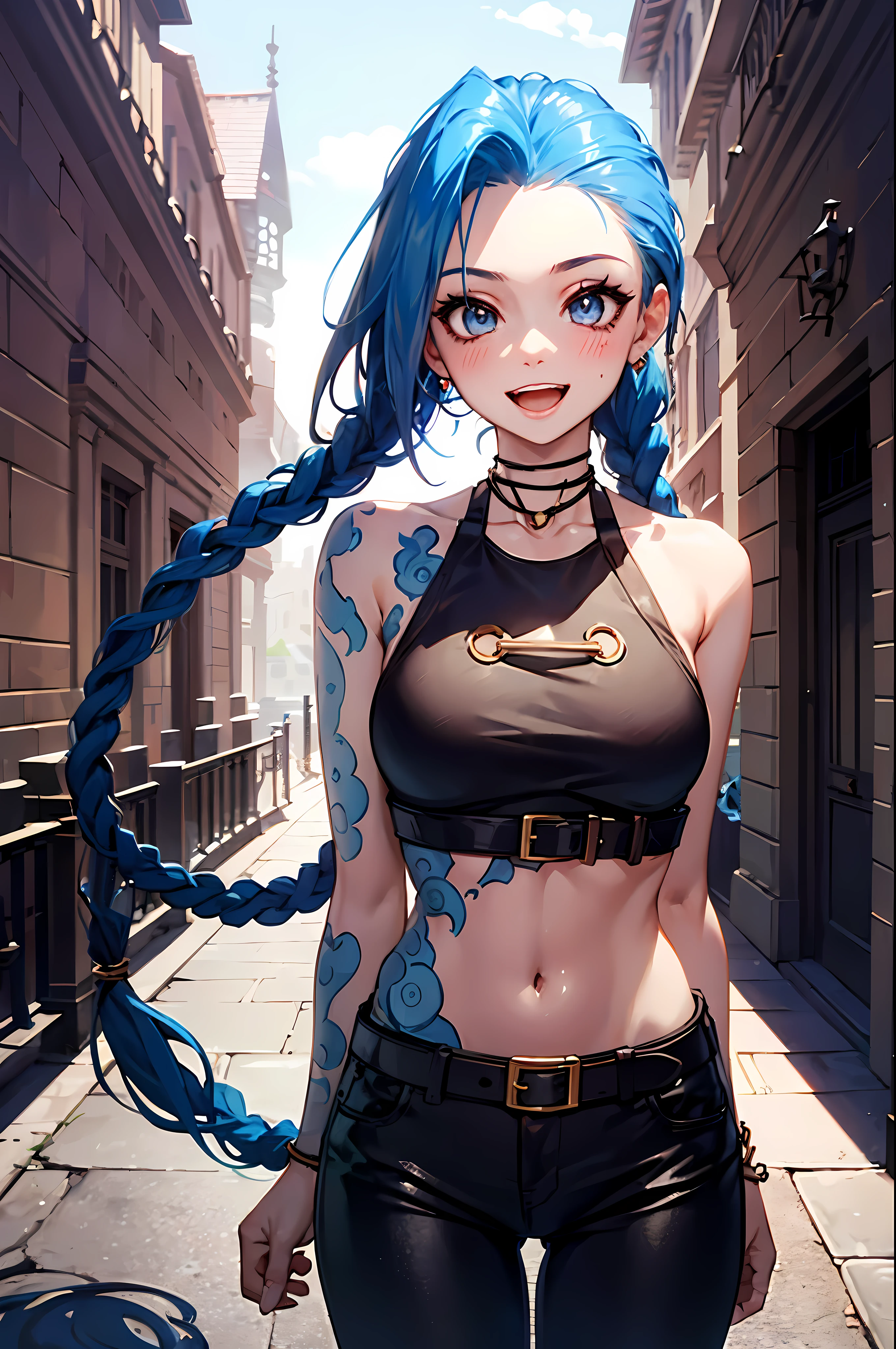 Jinx \(league of legend\), 1girl huge large breasts,Pixar style,（Cold：1.3）， solo, Braid, twin braid, Long hair, Surprised Eyes,tattoo, Piercing, a belt, jewelry, Earrings, (opens his eyes wide:0.9),lookatthe viewer, Arm tattoos, (Background of medieval castles:1.1), Blue hair, Blush, Smile, v arms, necklac, Small breasts, Green hair, shoulder tattoo, teeth, Open mouth, alternate costume, midriff, Pants, Blue eyes, (((naked))), pussy showing