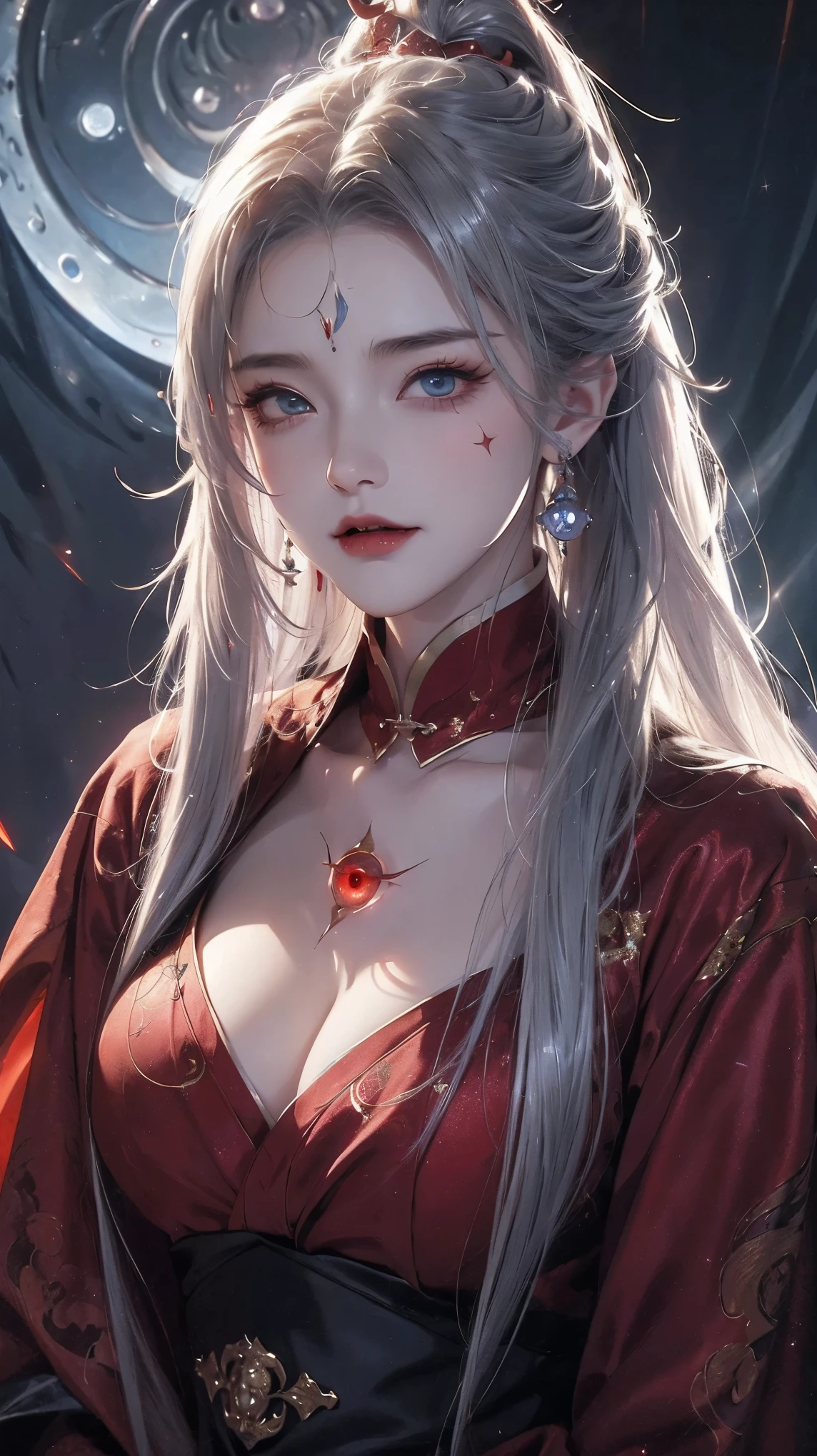 (extremely detailed 8K wallpaper),(ultra-detailed),(best quality),(masterpiece),(highly detailed),(cinematic lighting),(Original),Cold ligh，moody,(Chinese elaborate-style painting ),ink style,32K depth of field,1girl,(li),solo,((beautiful girl)),((busts)),((red marks on forehead)),(((villain image))),(long white hair),(red clothes),(witch),(((evil))),(((Eyes sparkling in the moonlight)))