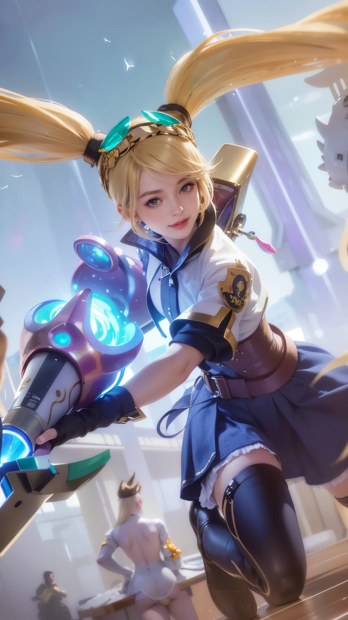 (8k, RAW photo, photorealistic:1.25) ,( lipgloss, eyelashes, gloss-face, glossy skin, best quality, ultra highres, depth of field, chromatic aberration, caustics, Broad lighting, natural shading, looking at viewer with a serene and goddess-like happiness, smile, 8k, very detailed, green eyes, close-up shot of a woman with a gun in her hand