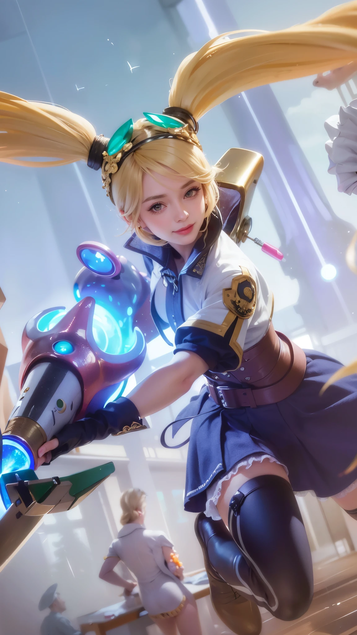(8k, RAW photo, photorealistic:1.25) ,( lipgloss, eyelashes, gloss-face, glossy skin, best quality, ultra highres, depth of field, chromatic aberration, caustics, Broad lighting, natural shading, looking at viewer with a serene and goddess-like happiness, smile, 8k, very detailed, green eyes, close-up shot of a woman with a gun in her hand