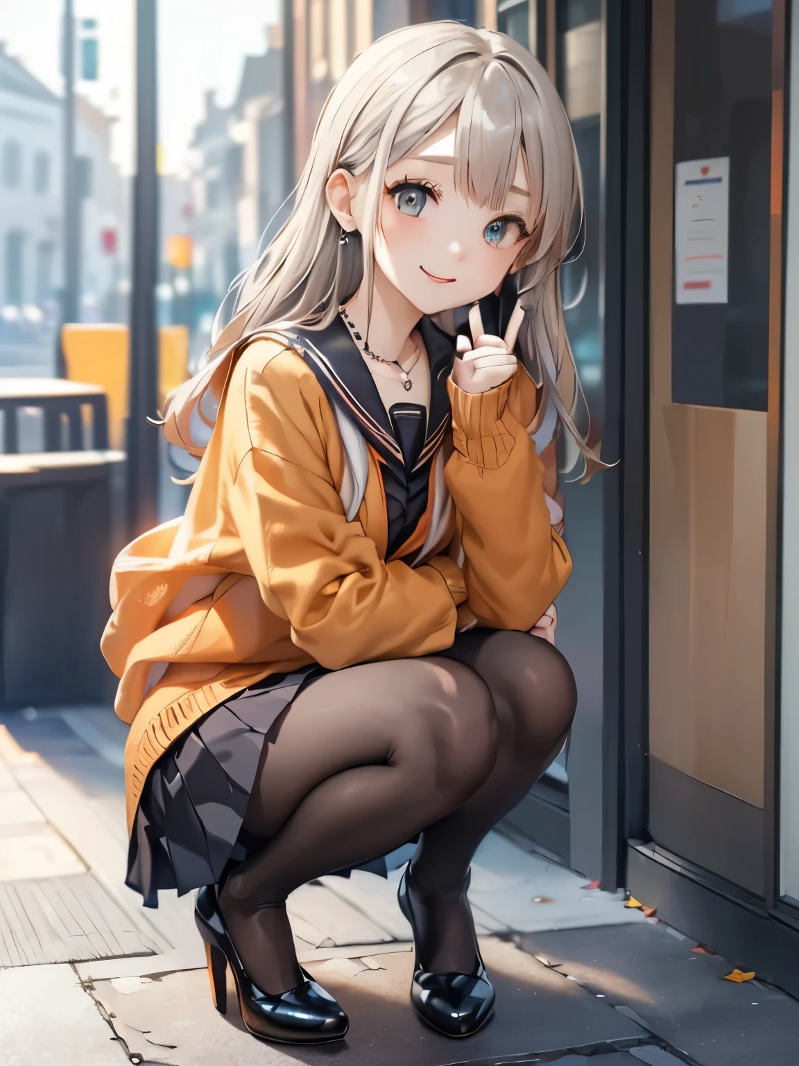 ((Biologically correct number of limbs))、((The number of fingers on one hand is 5))、(( Full body photo including face、head to toe photo))、standing position、[NSFW]、4K、masterpiece、((focus on the face))、((Symmetrical facial features))、Eyes of minute description、Beautiful woman、outstanding style、beautiful clavicle、beautiful legs、slender body、(small ass、thin thighs）、(black tights and high heels）、Detailed depiction of faces、small earrings、necklace、(orange cardigan and black sailor uniform、knee length pleated skirt）、Scenery on the way to school、clear、Vibrant photos、smile、looking cold、Close-up photo of the upper body、
