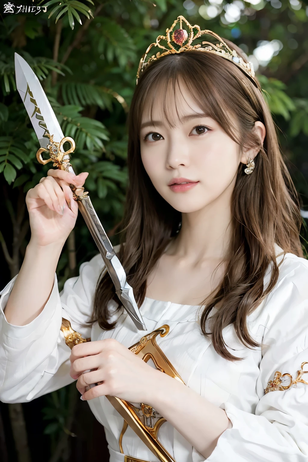 (masutepiece), Professional , masterpiece、top-quality、photos realistic , depth of fields (Gemstone Silver Metal Body:1.9),(Matte White、 Gold Weapon_(Metal:1.4),Gorgeous metal weapons , Detailed Sword of the Brave , Beautiful knife ,warhammer 40k , adepta sororitas,Detail and ornate jewel crown、Brown hair、Gangle's forest background、Beautiful Caucasian beauty、1a person、dynamic ungle,(((Detailed and ornate diamond crown)))、Particles of light、