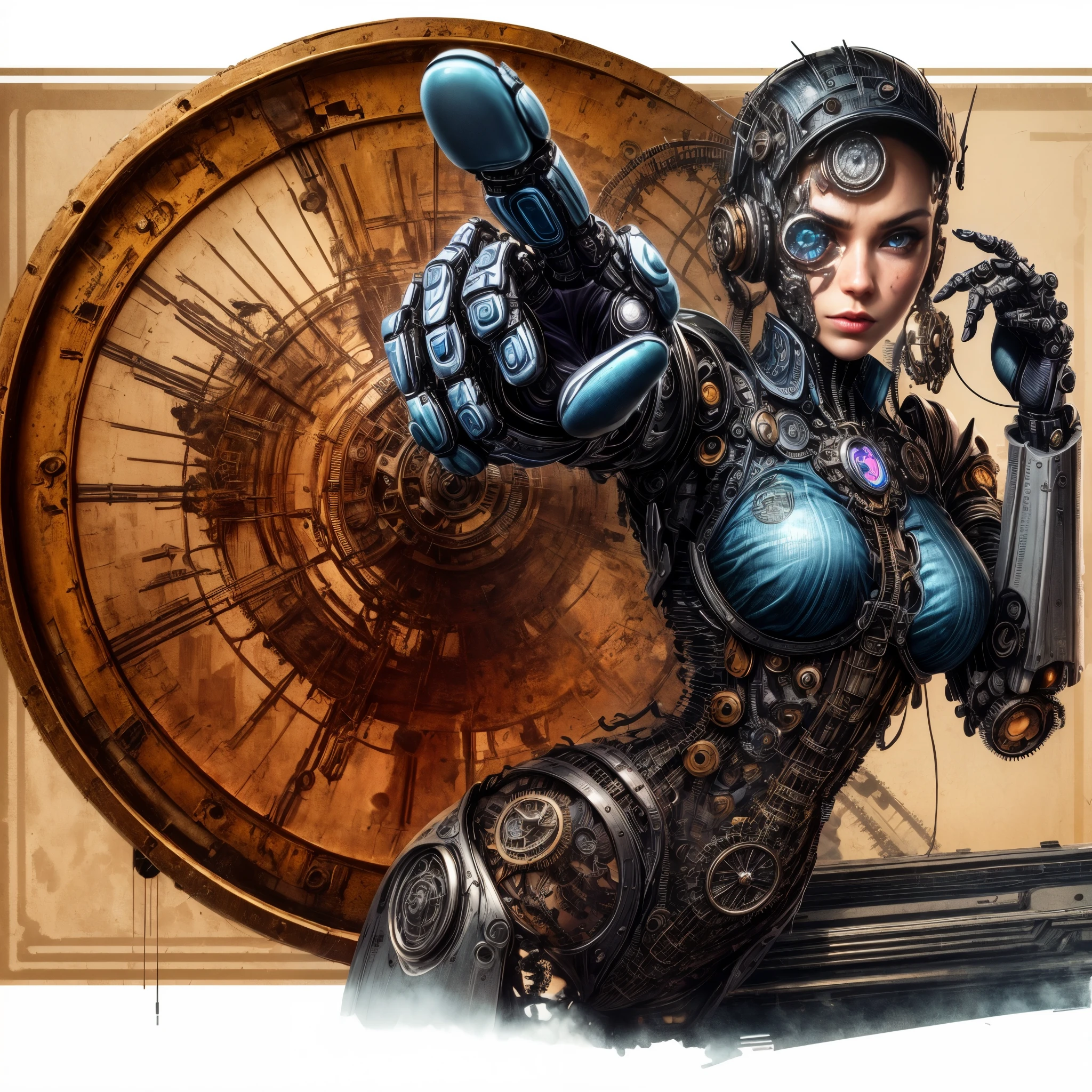 ((Meisterwerk, high quality, artgerm, artstation, beautiful, sexy, small breasts)),intricate ultra detailliert, eine Nahaufnahme eines weiblichen Cyborgs mit einer Uhr im Hintergrund, female cyborg, pointing hand, Uhrwerkautomat, detaillierte Steampunk-Illustration, steampunk automaton, steampunk robot, digital steampunk art, kybernetischer bionischer alter Cyborg, Steampunk-Illustration, hochwertige Steampunk-Kunst, cyber steampunk, steampunk illustration, Detailed portrait of a cyborg, steampunk digital art, Portrait of a futuristic robot, vibrant colors