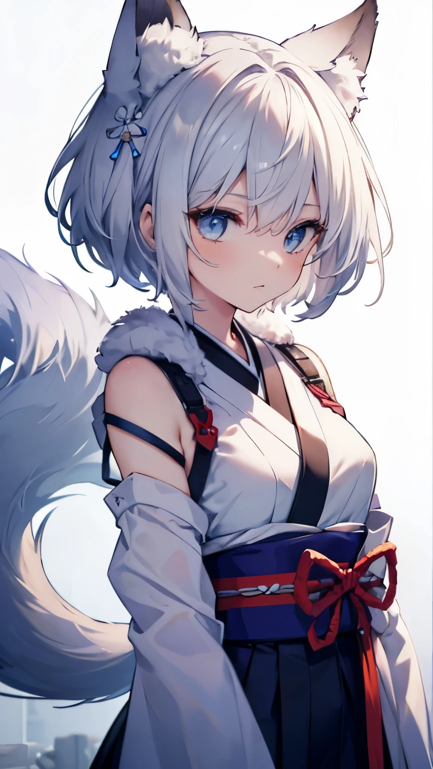 4k,High resolution,one woman,girl,silver hair,short hair,fox ears,Fox tail,blue eyes,,slender,small breasts,tits,show your shoulders,,first round,On your back,fur,light armor,Hakama