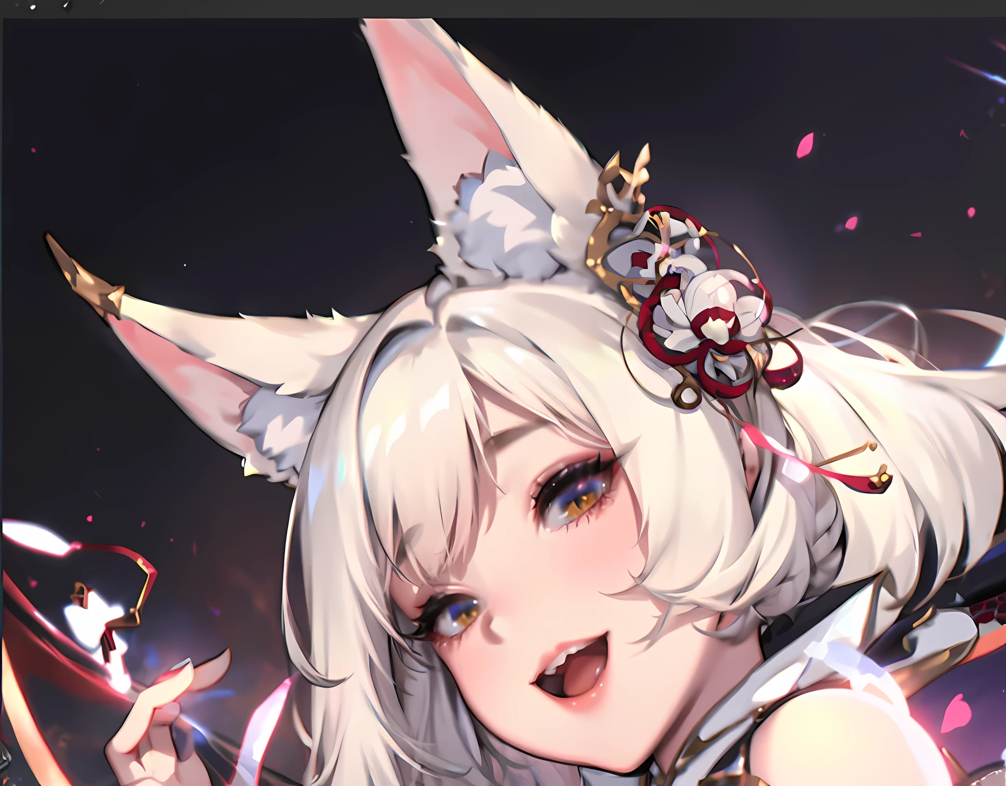 actual, , white hair, big eyes, Smile，open mouth，big breasts，glowing eyes，open lips, blush, daytime，Background orc ears，Fox fairy，Kimono decoration，Sexy，exposed，迷人的Smile，Half-length kimono，white fox ears，White pink fox tail，High thigh slit，，Beautiful background，Mature，red background，warm color，red sleeves，bright colors，white hair，Sense of lens,Lying in bed，Mature，Butt facing the camera