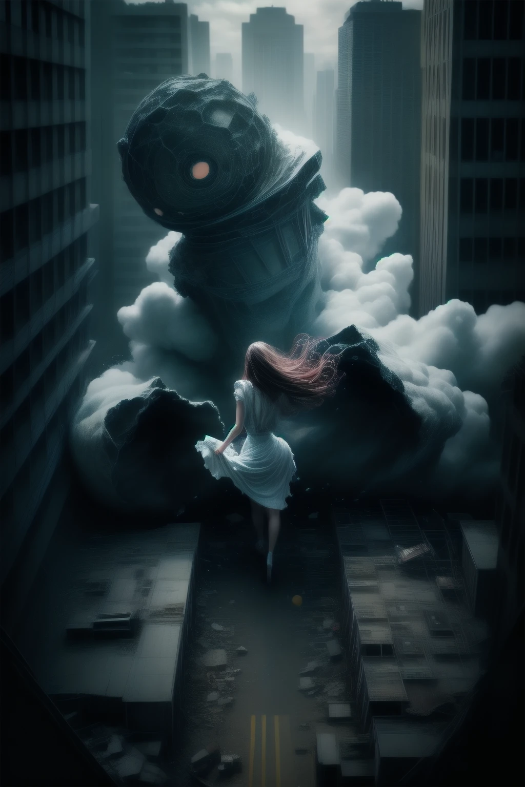 standing Giant woman, destroying buildings, torn gorgeous white dress, front view from above, action pose
