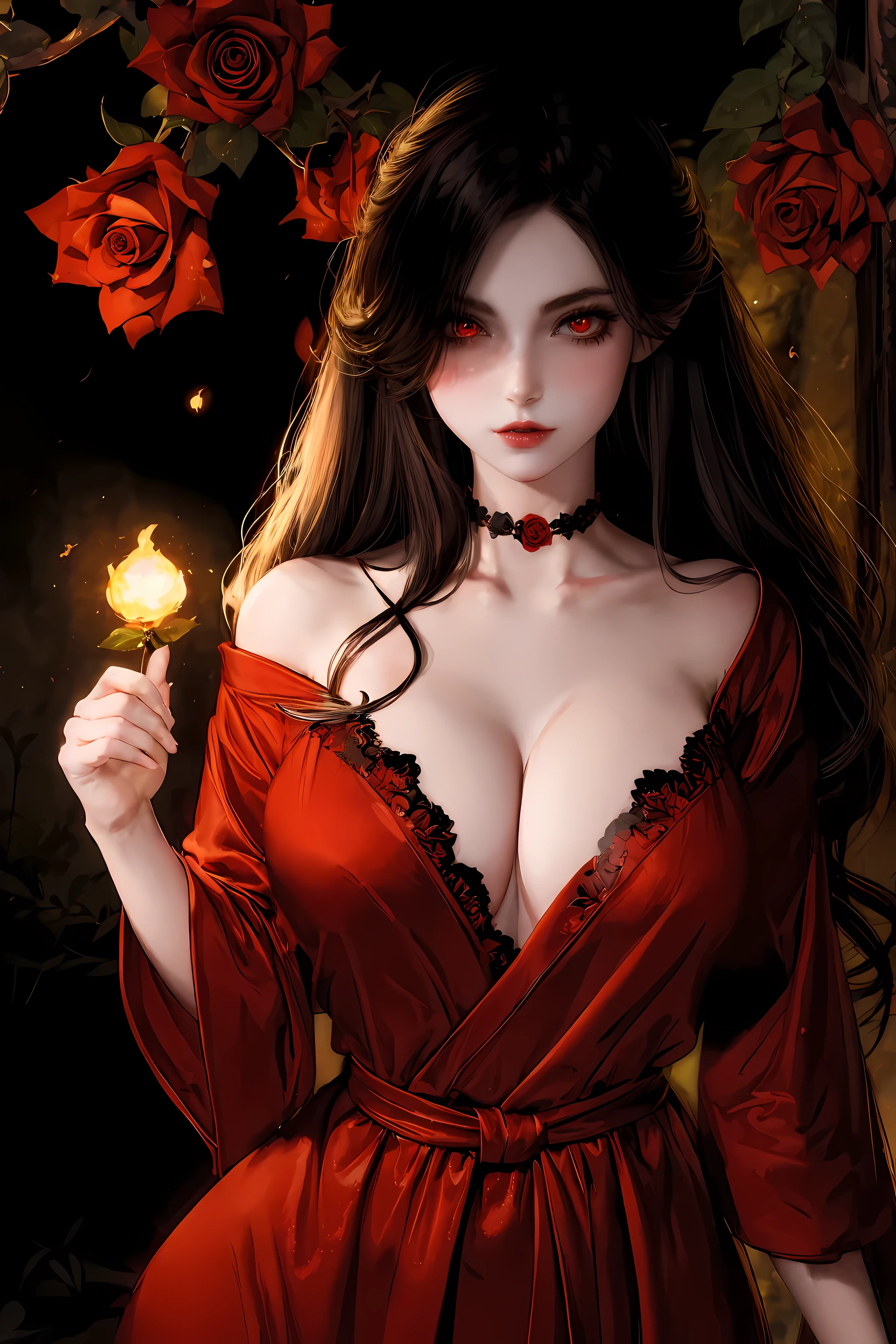 (8k,high resolution,masterpiece:1.2),actual,photo-actual:1.37,devil girl,red corner,beautiful and delicate eyes,beautiful and delicate lips,Extremely detailed eyes and face,long eyelashes,Sexy long black hair,fiery red eyes,Wearing a dark flowing robe,Floating in a misty forest under the moonlight,Red eyes penetrate the darkness,The soft and ethereal light reflects her graceful figure,Subtle shadows dance around her,Red rose surrounded by thorny vines,A sinister yet fascinating presence..,Depicted with dark and dramatic chiaroscuro lighting,Create an unforgettable and charming atmosphere,A clever fusion of traditional oil painting and digital art,evoke a sense of mystery and,Perfectly capturing the beauty and darkness of the enchantress,lace dress,yukata