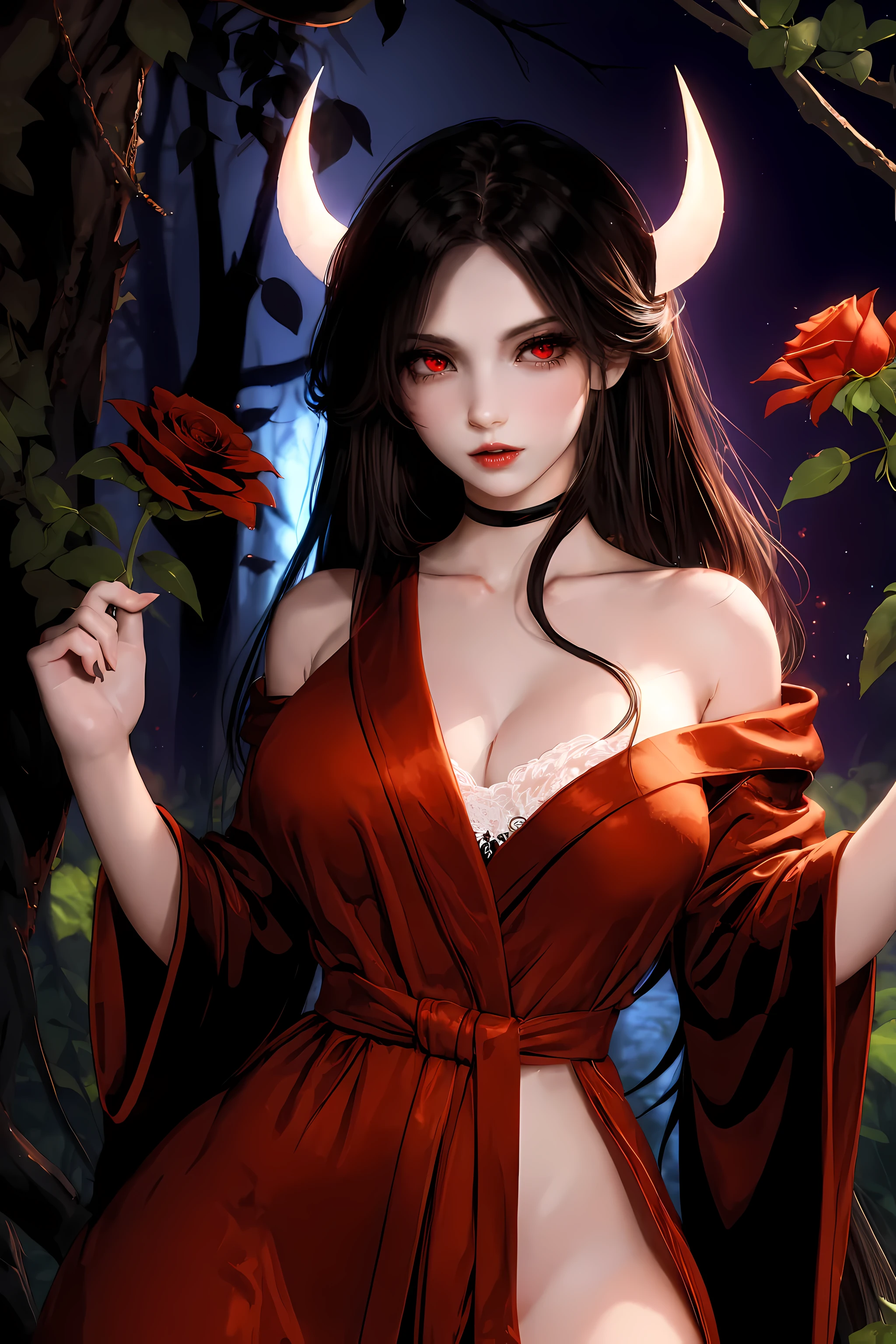 (8k,high resolution,masterpiece:1.2),actual,photo-actual:1.37,devil girl,red corner,beautiful and delicate eyes,beautiful and delicate lips,Extremely detailed eyes and face,long eyelashes,Sexy long black hair,fiery red eyes,Wearing a dark flowing robe,Floating in a misty forest under the moonlight,Red eyes penetrate the darkness,The soft and ethereal light reflects her graceful figure,Subtle shadows dance around her,Red rose surrounded by thorny vines,A sinister yet fascinating presence..,Depicted with dark and dramatic chiaroscuro lighting,Create an unforgettable and charming atmosphere,A clever fusion of traditional oil painting and digital art,evoke a sense of mystery and,Perfectly capturing the beauty and darkness of the enchantress,lace dress，yukata