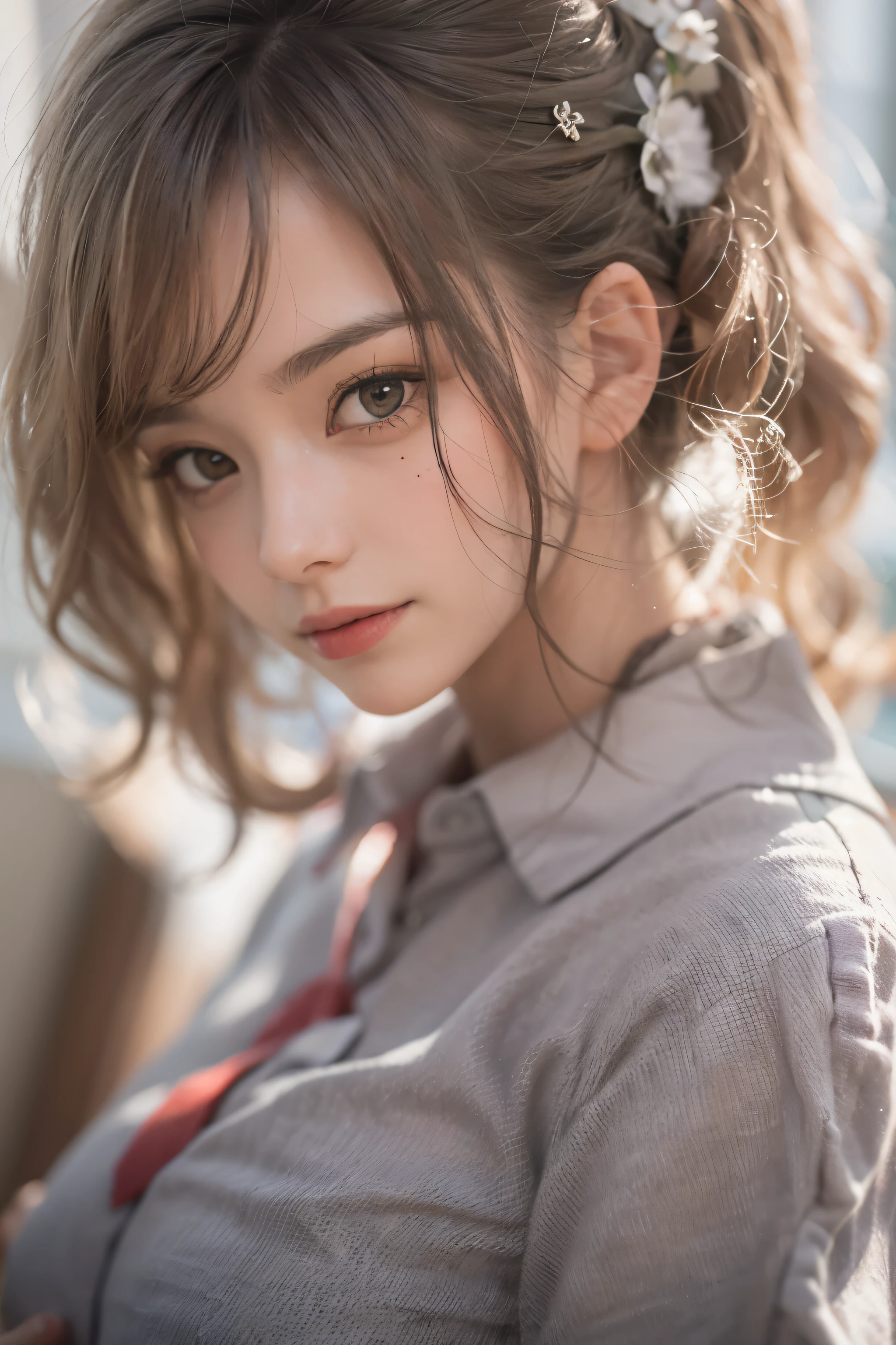 highest quality, masterpiece, (realistic:1.4), 1 girl, light smile, collared shirt, Upper body, dramatic lighting, from below