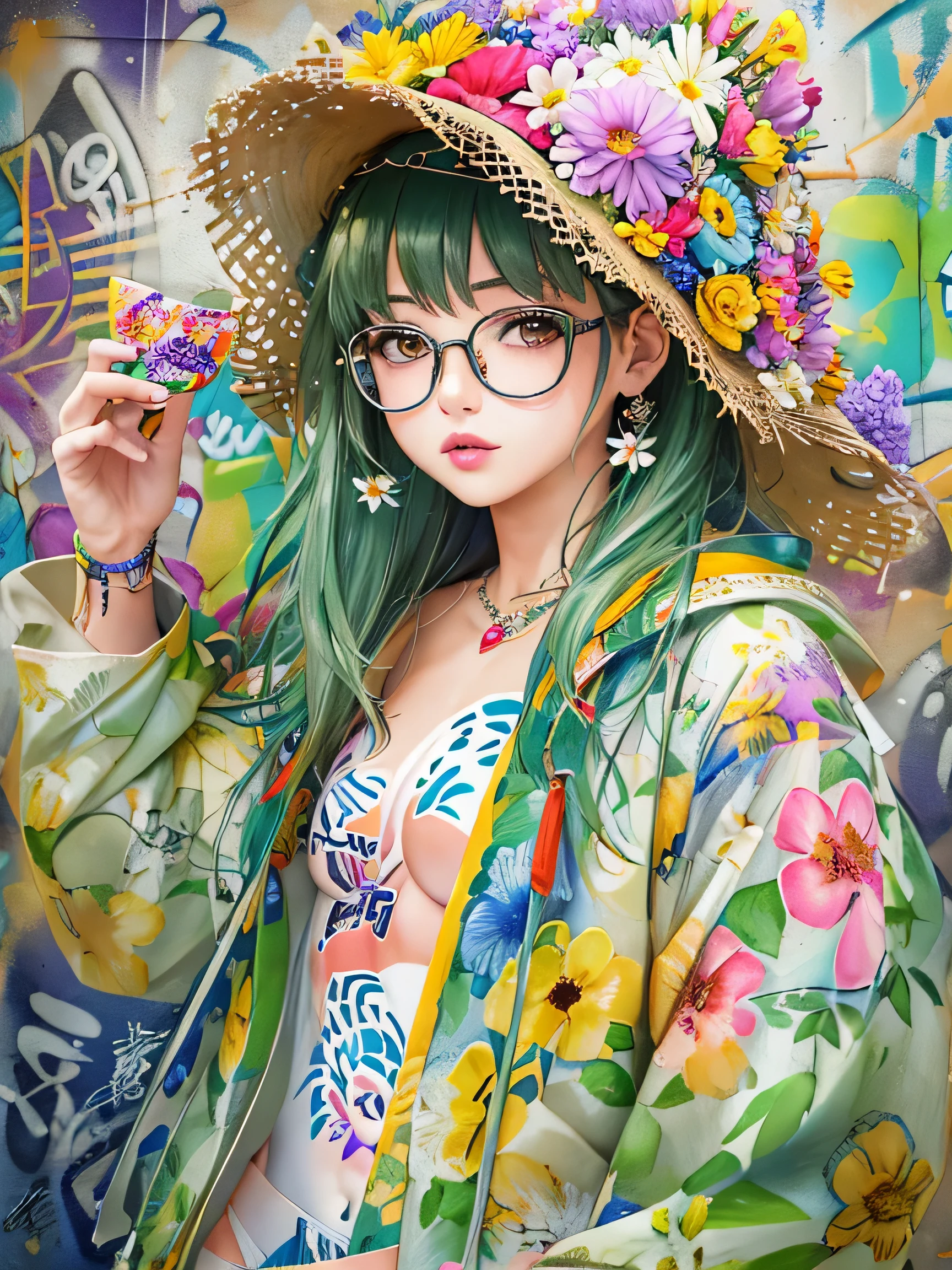 8K quality, watercolor painting, stylish design, (((The strongest beautiful girl of all time))), (((Japanese)))、Idol、clear, stylish glasses, Fashionable hats, (((highest quality))), bob hair, put your hand on the wall, HDR, ((Detailed details)), stylish fashion, detailed clothing texture, (((graffiti art))), colorful hair, ((masterpiece))、((Super detailed))、(((colorful flowers)))、scent of spring、Navel exposure、I can see your nipples、Fashionable underwear