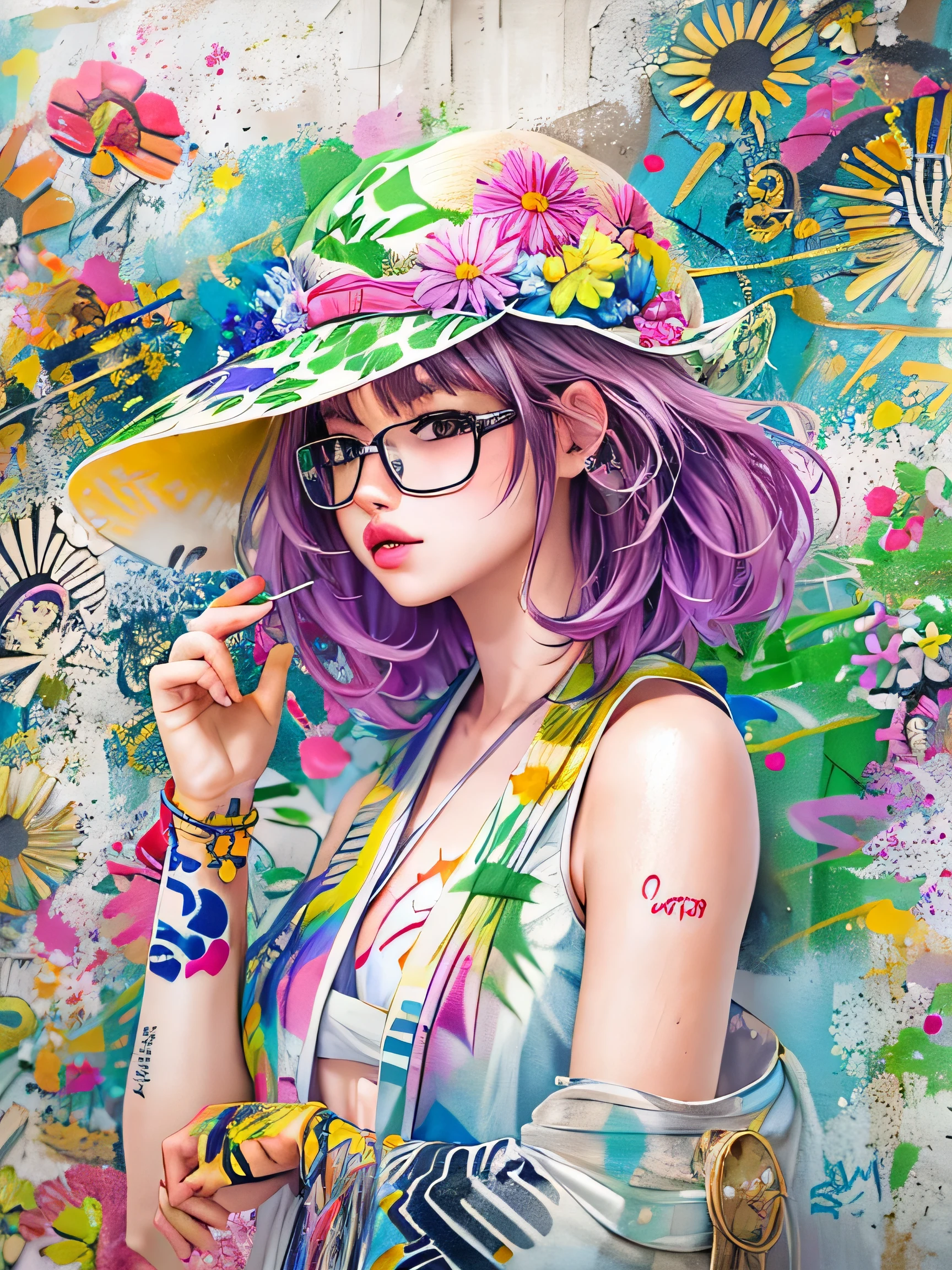 8K quality, watercolor painting, stylish design, (((The strongest beautiful girl of all time))), (((Japanese)))、Idol、clear, stylish glasses, Fashionable hats, (((highest quality))), bob hair, Place your hands on the wall, HDR, ((Detailed details)), stylish fashion, detailed clothing texture, (((graffiti art))), colorful hair, ((masterpiece))、((Super detailed))、colorful flowers、scent of spring、Navel exposure