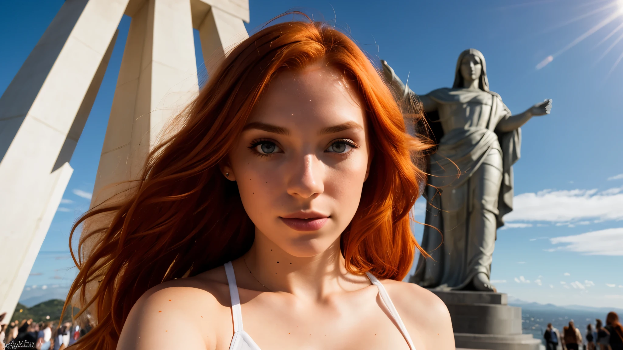 1girl, ((redhead)) with ((orange hair)), blue eyes, ((Joana Gate)) 23 years old, piercing eyes, HD , Photography, movie, cinematic, ((slim waist)), Realistic, (8k, RAW photo, best quality, masterpiece:1.2), (realistic, photo-realistic:1.33), best quality, cute,natural lighting, depth of field, film grain, sharp, detailed, wide view, ((full body view)), ((facing camera)), taking a selfie in front of cristo redentor, blue skies, sunlight behind camera